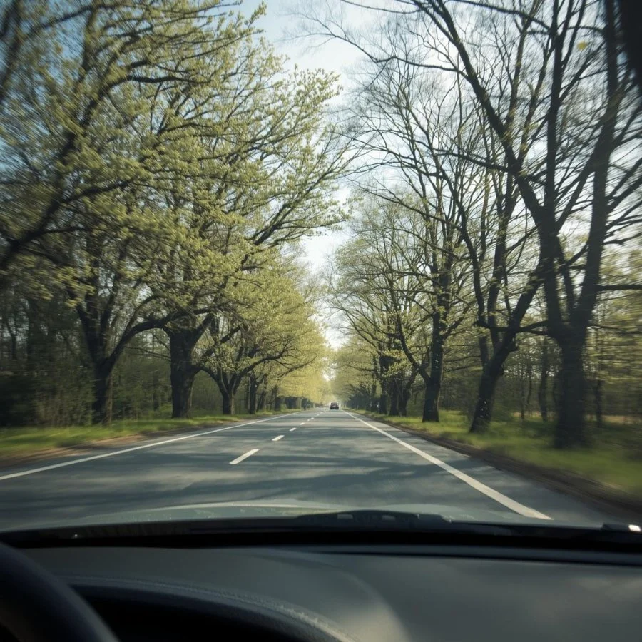 Vehicle driving on a tree-lined road in early spring representing auto insurance coverage