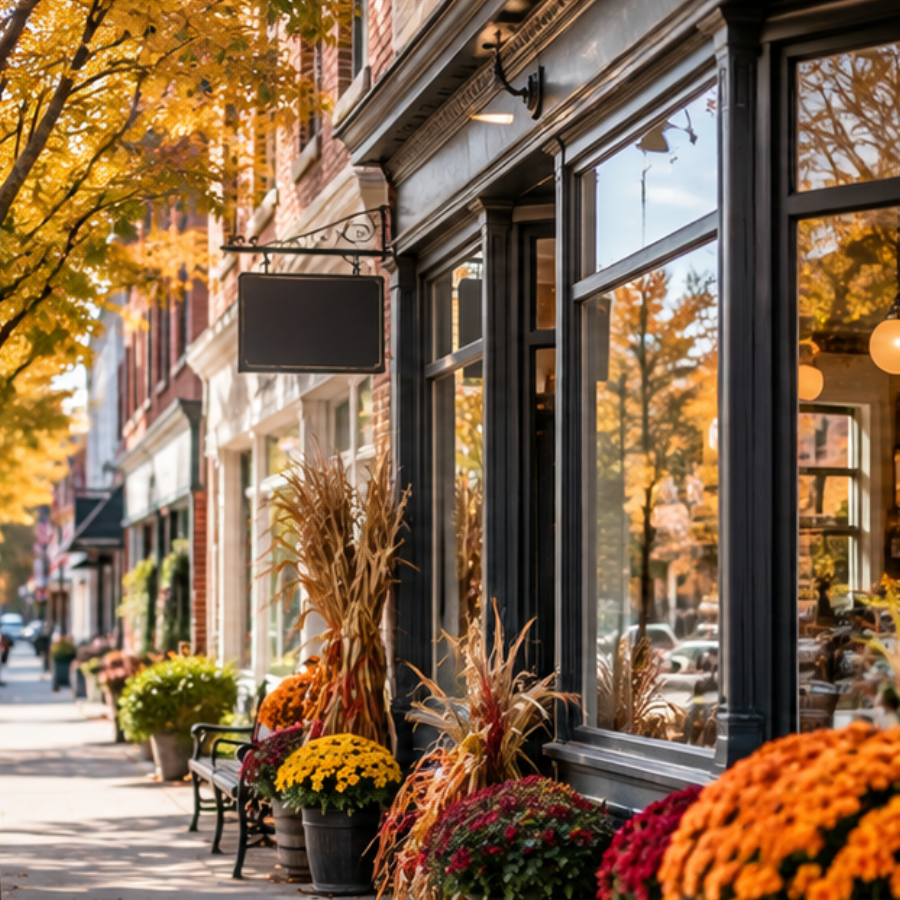 Small-town storefront decorated with autumn flowers and seasonal greenery.