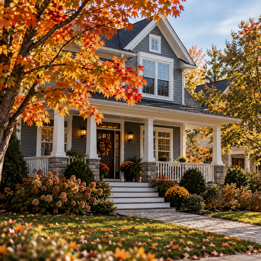 Welcoming home with autumn foliage and seasonal landscaping.