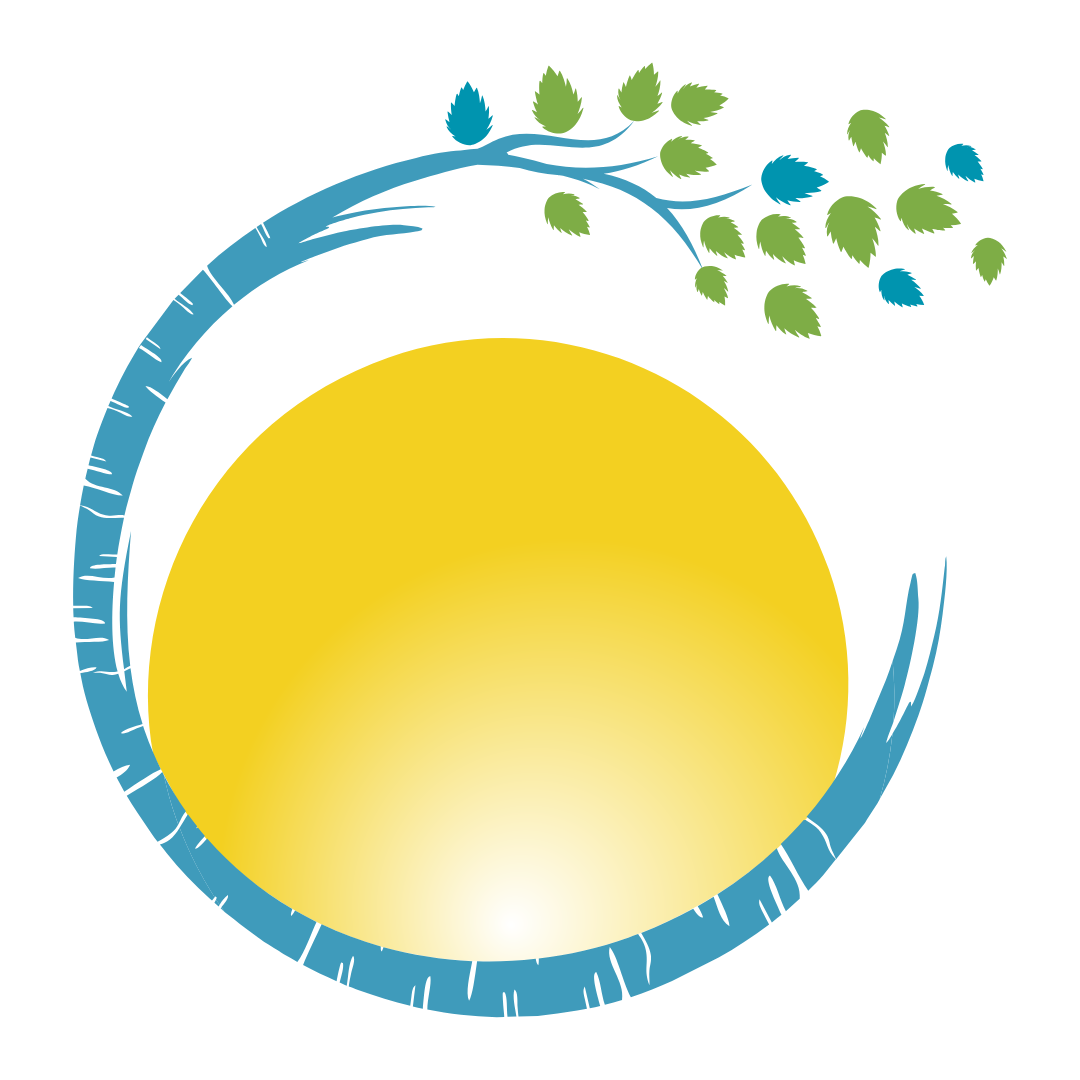 A landscape with snow-capped mountains in the background, rolling grassy hills in the foreground, and a modern building with wooden and stone accents on the hillside.