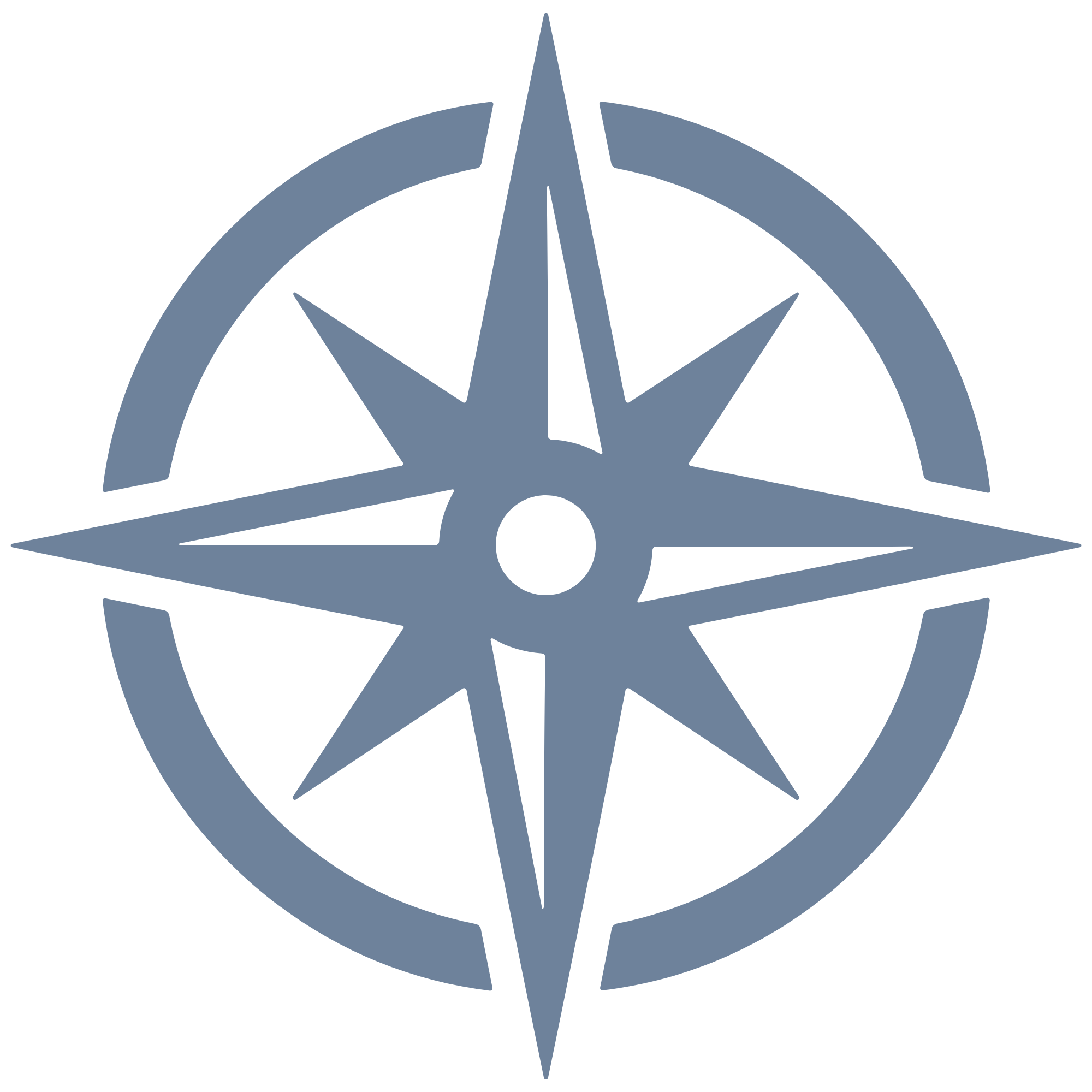 A stylized compass rose symbol in shades of blue and black.