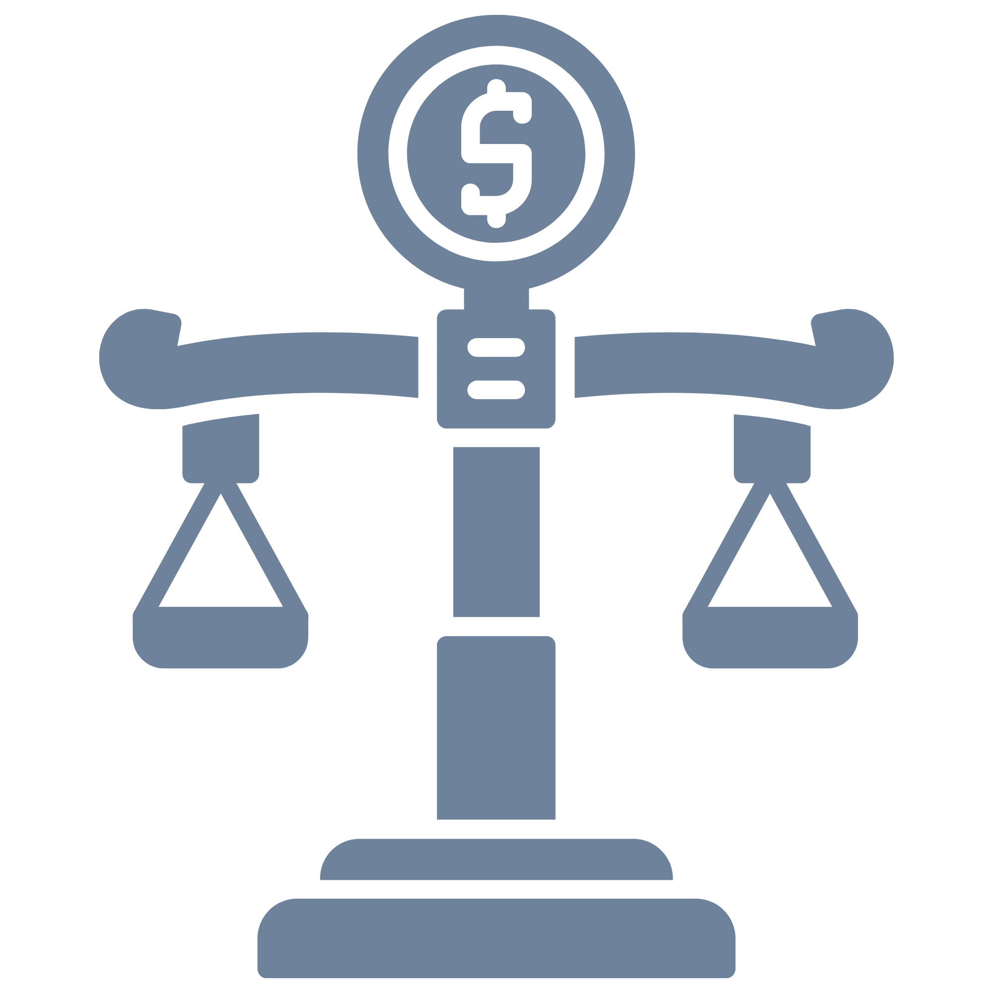 A scale with a dollar sign on the top and two weighing pans on either side.