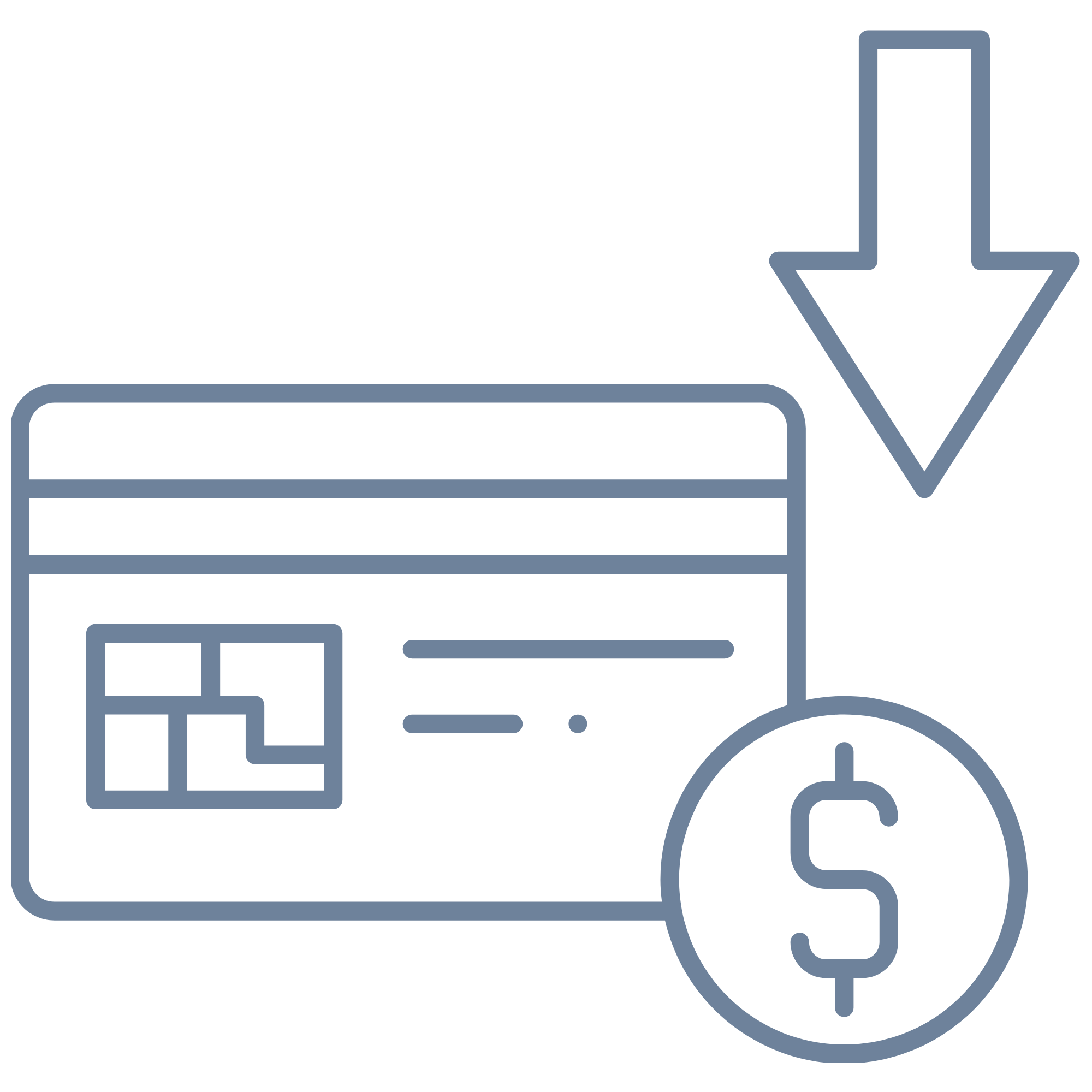 Line drawing of a credit card, dollar sign, and a downward arrow, representing financial loss or payment reduction.