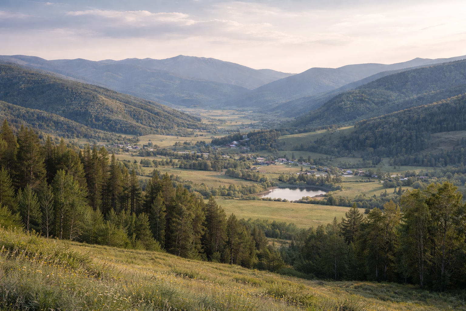 A scenic view of a valley with houses, a small lake, surrounded by green forests and mountains in the background during daytime with a cloudy sky.