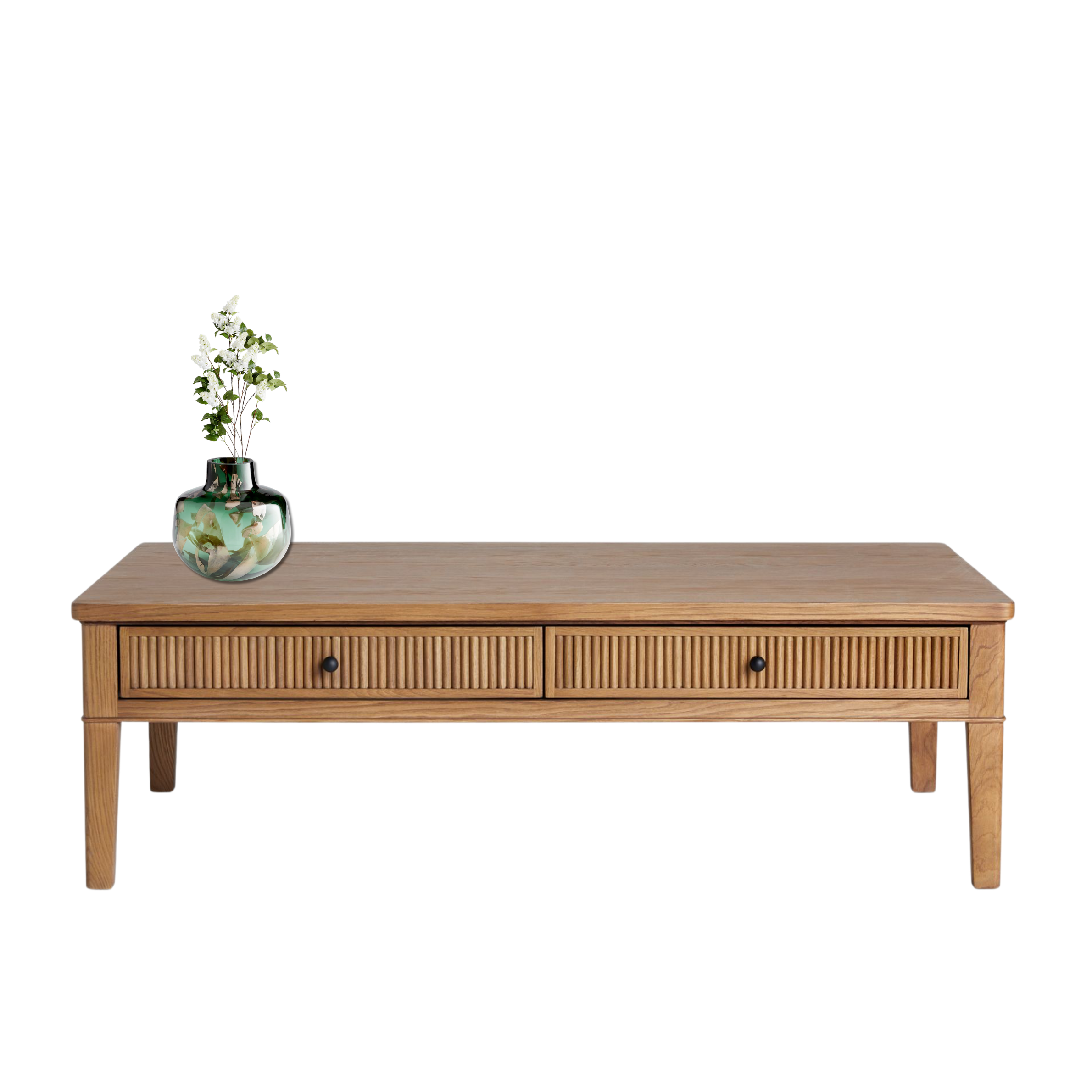 A wooden console table with two drawers, topped with a decorative vase containing white flowers.