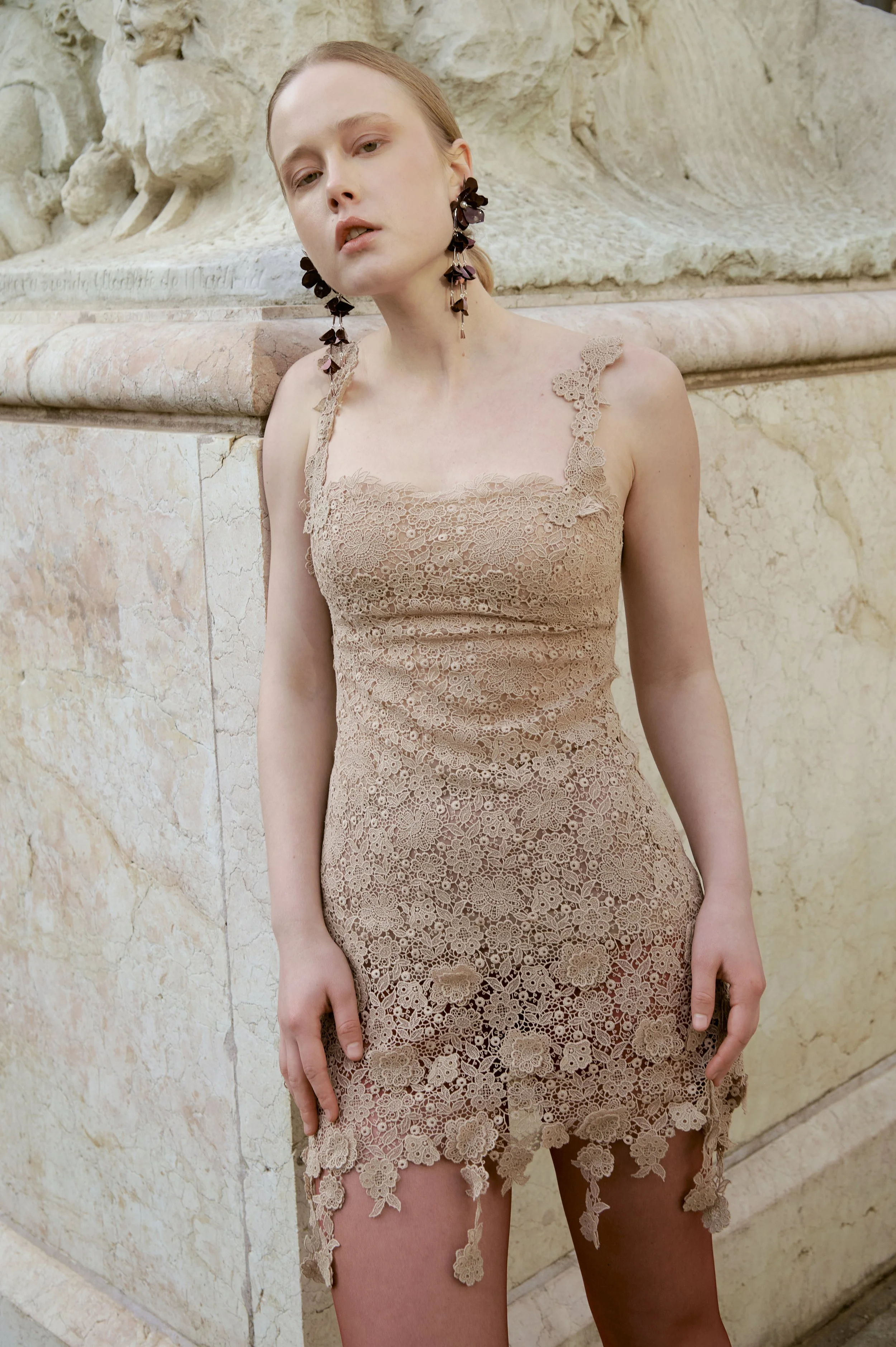 Luxury beige lace dress with refined couture construction