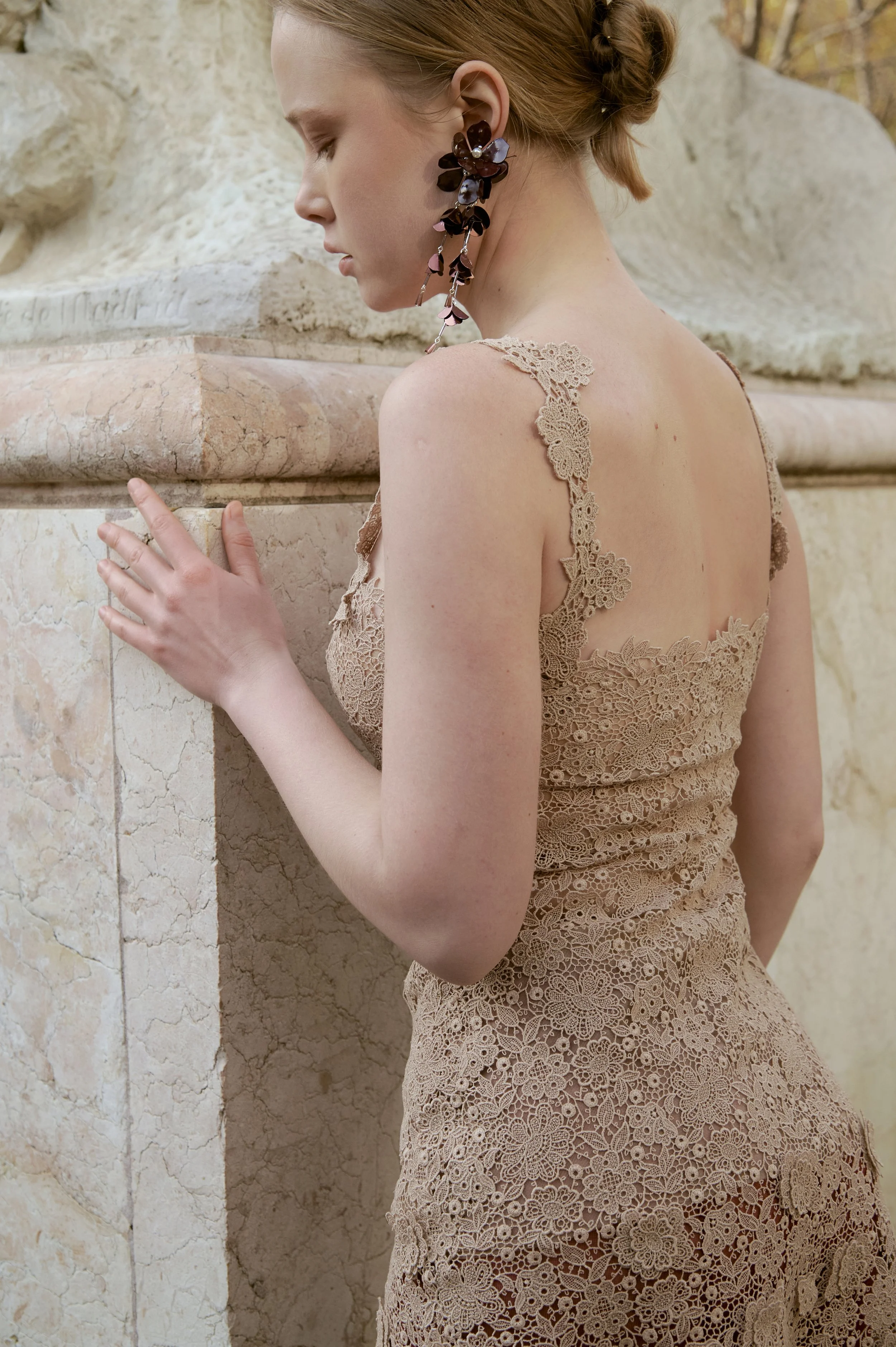 Guipure lace mini dress in soft beige, couture handcrafted finish