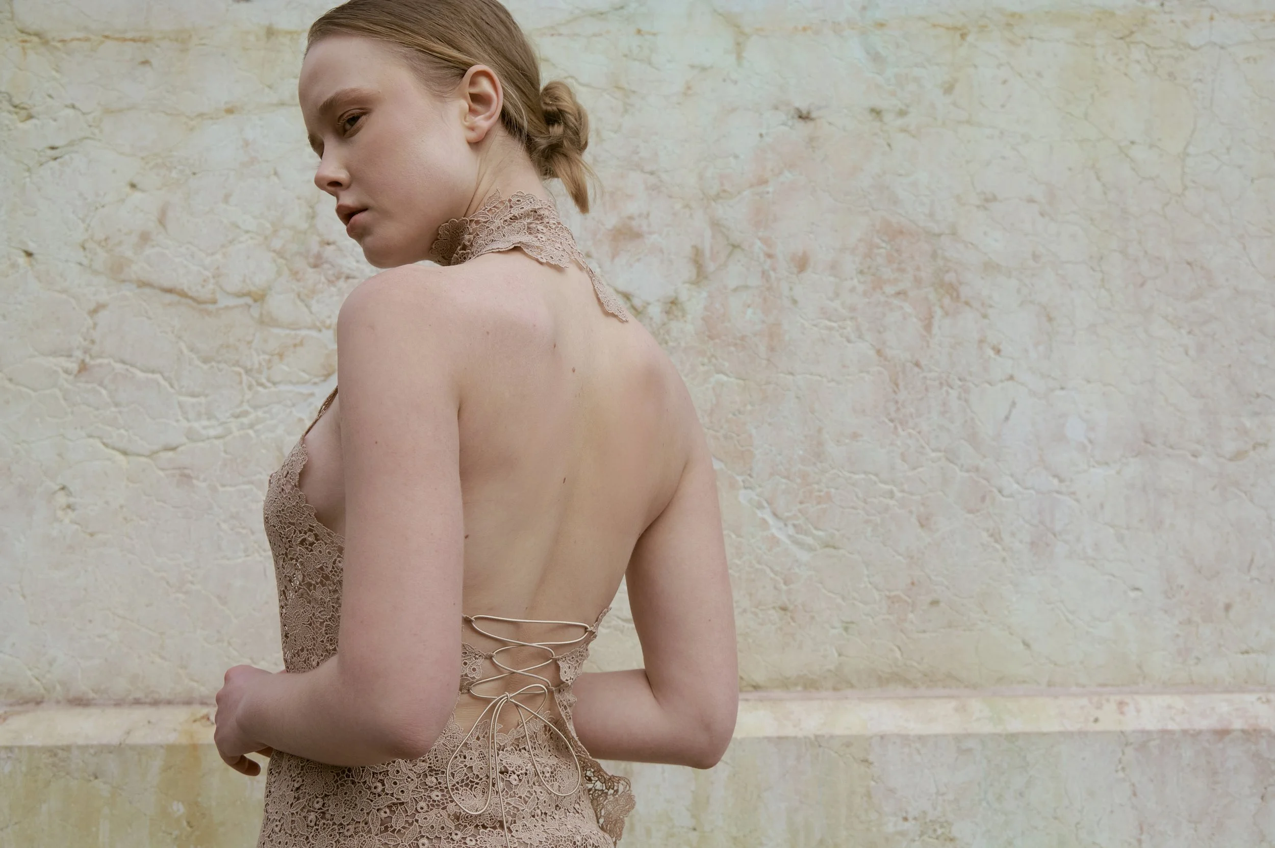 Handcrafted beige lace halter top, refined couture garment