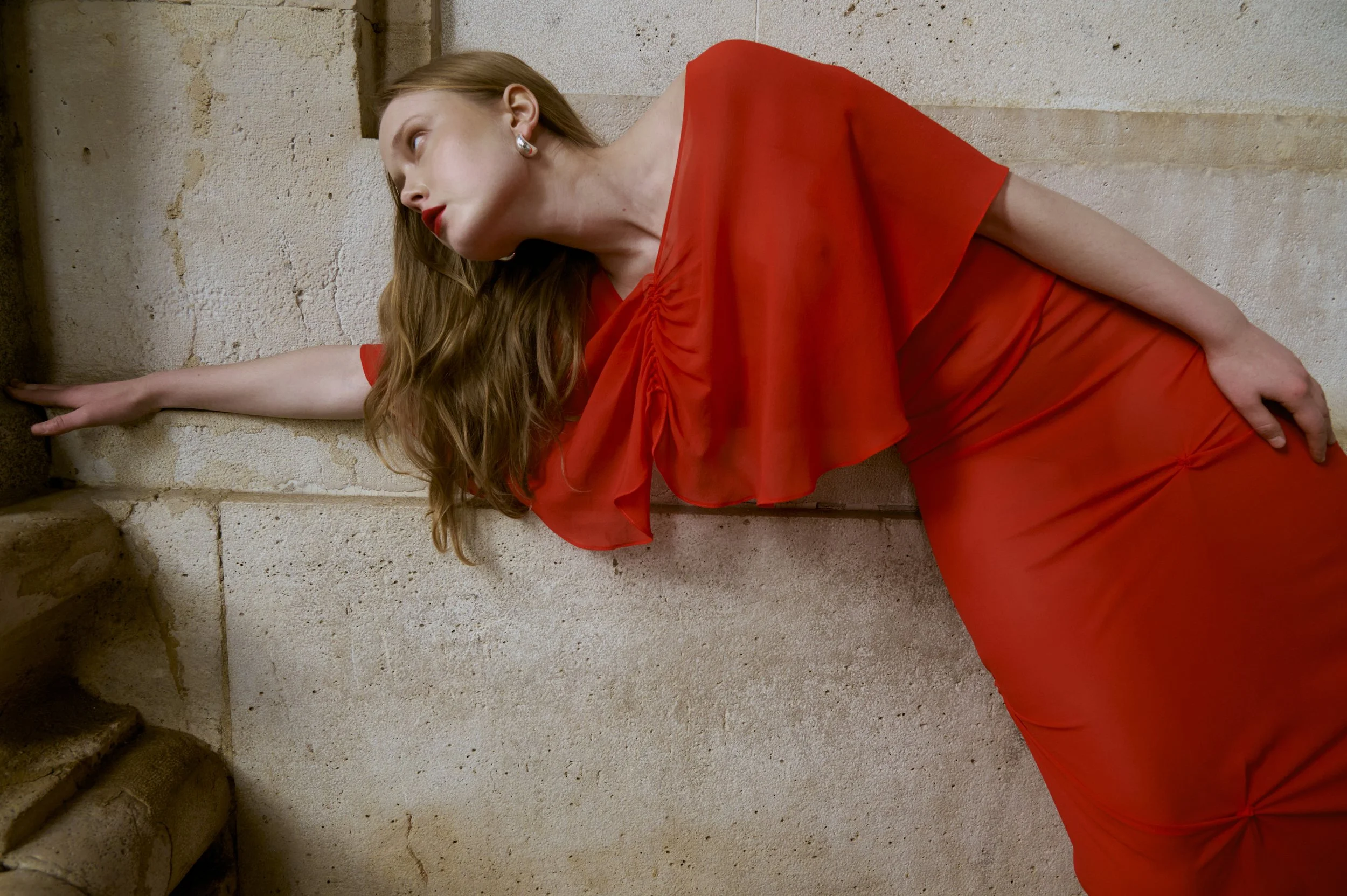 Luxury red cape in sheer silk with couture construction