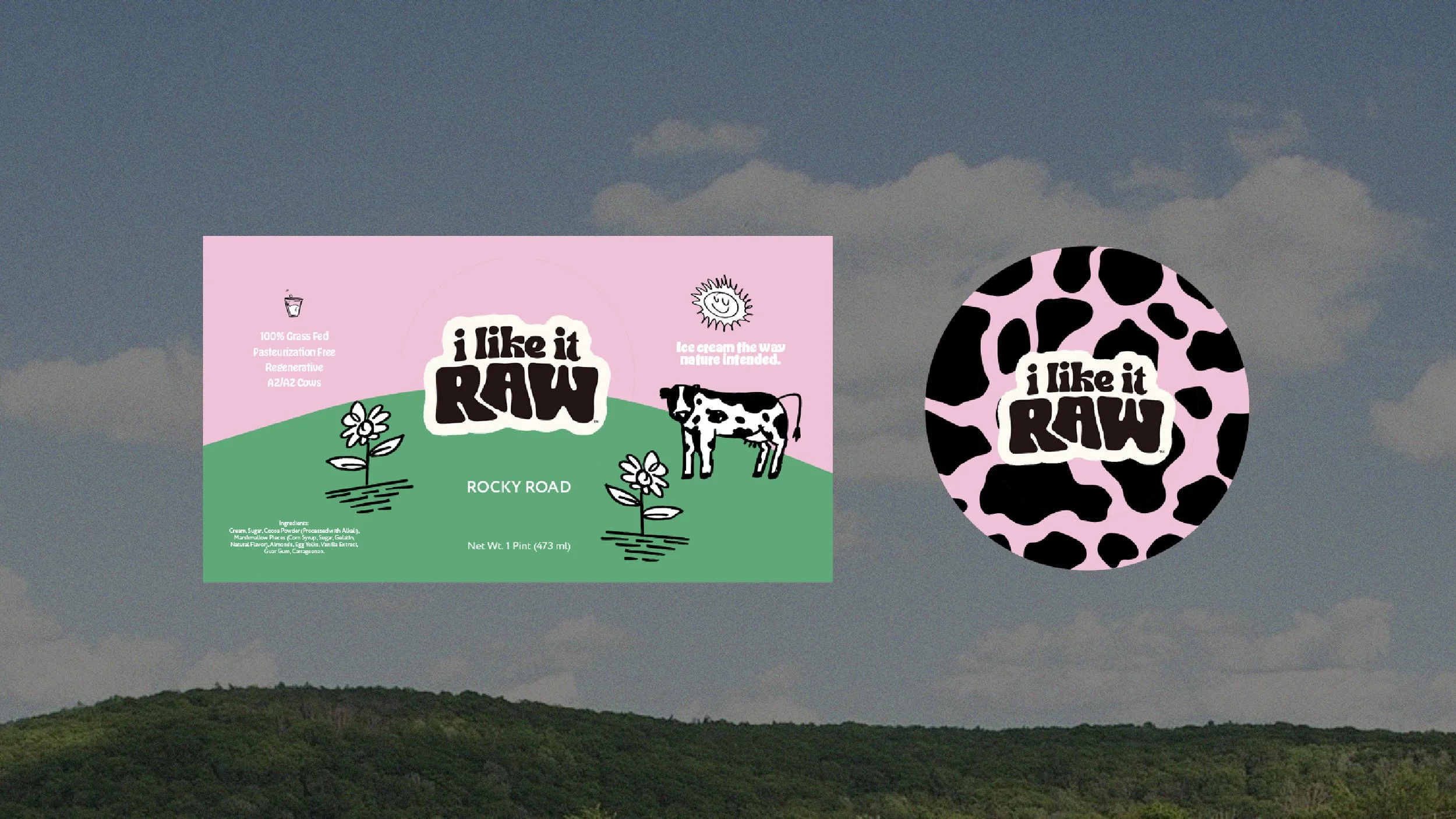 A product label with a pink and green background featuring the text 'i like it RAW' and a cow illustration, with additional branding and ingredient information. Next to it is a circular logo with a pink and black cow print pattern and the same text.