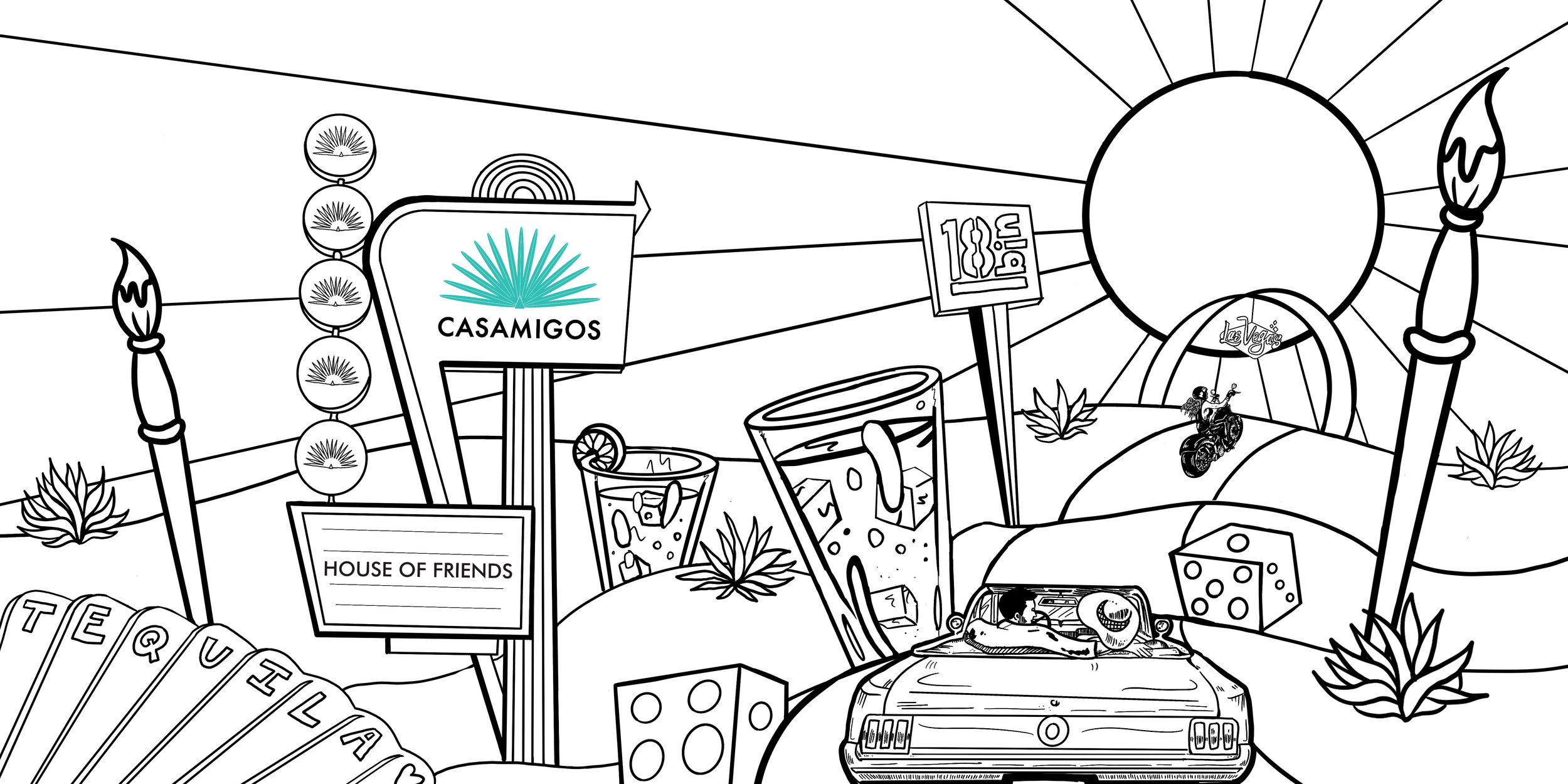 A black-and-white line drawing of a desert scene with signs for Casamigos, house of friends, and 180V, featuring a car with a woman lounging, drinks, dice, and a motorcycle, with cacti and the sun in the background.