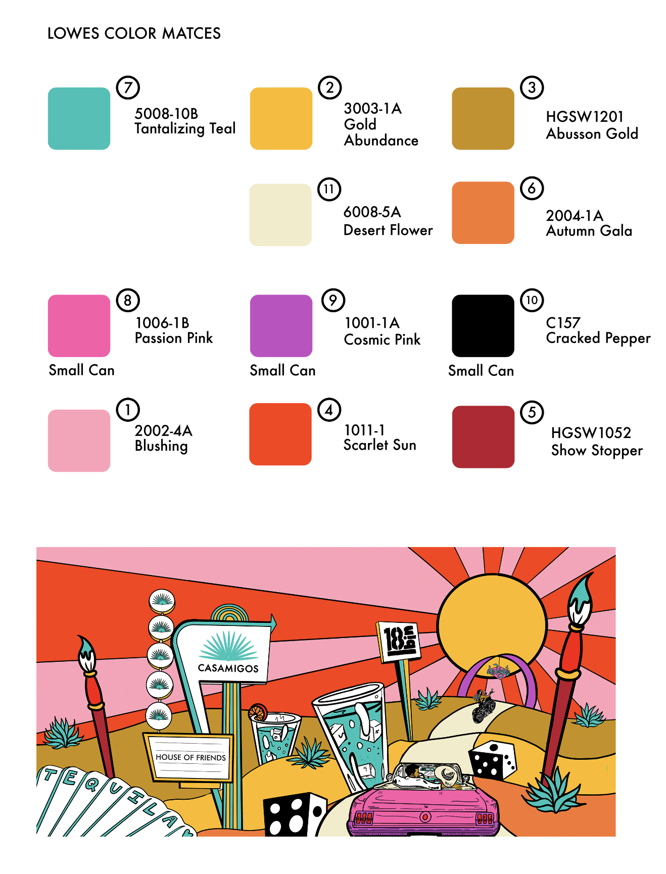 Color palette chart with named colors and their codes above a graphic illustration of a desert scene with cacti, drinks, dice, a car, and a sun with rays.
