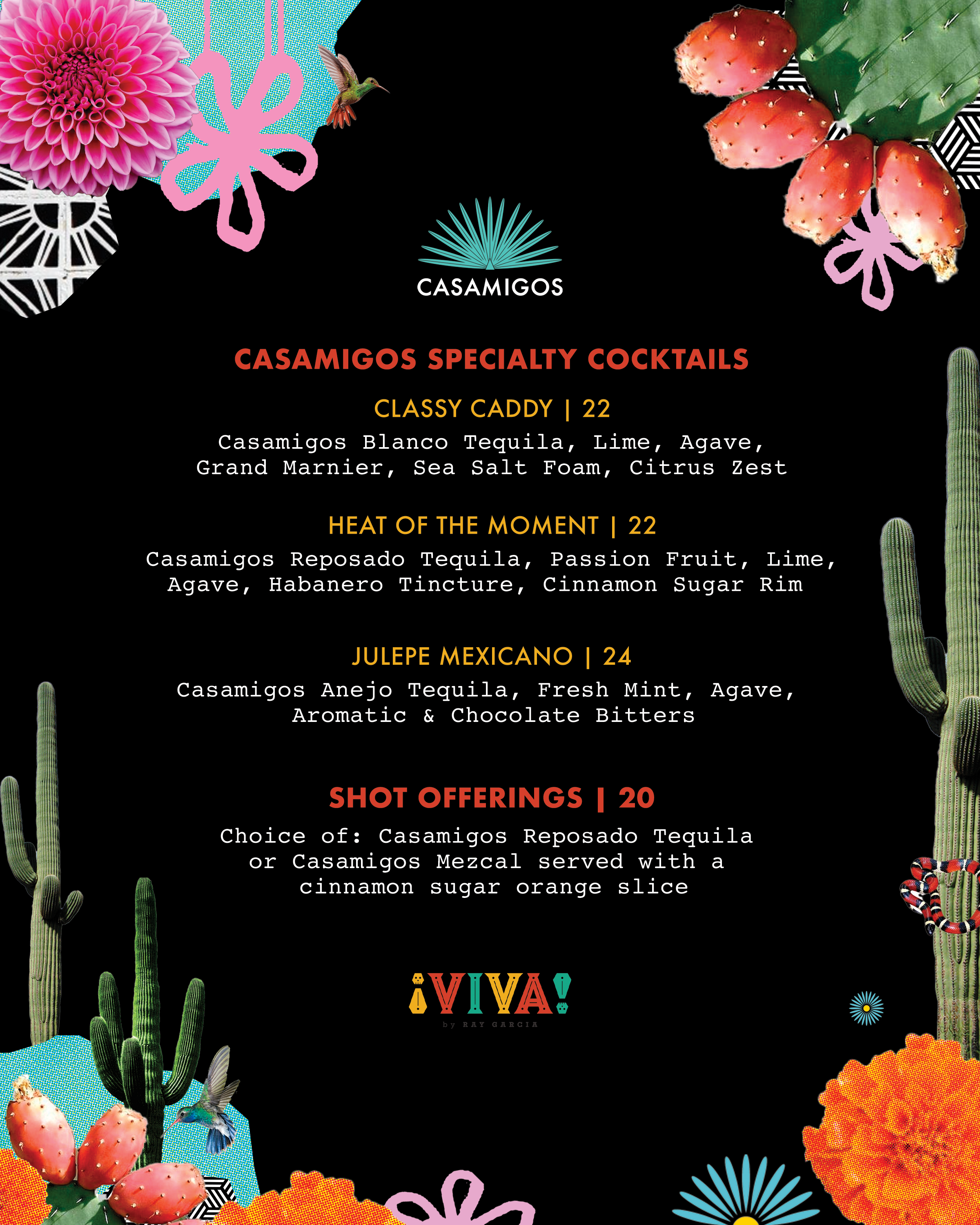Menu for Casamigos featuring specialty cocktails with colorful desert-themed decorations and cacti surrounding the text.