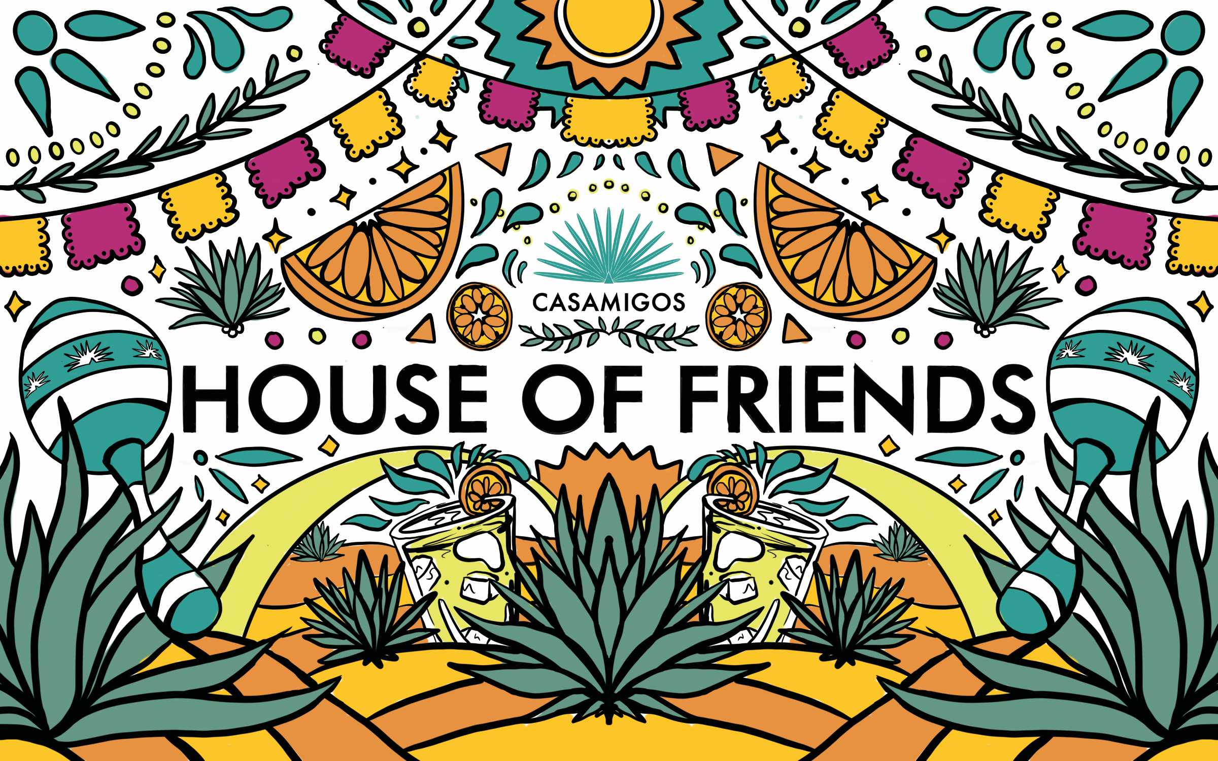 Colorful illustrated poster for CasaGimos House of Friends featuring a festive celebration with tequila glasses, orange slices, agave plants, maracas, and decorative banners.