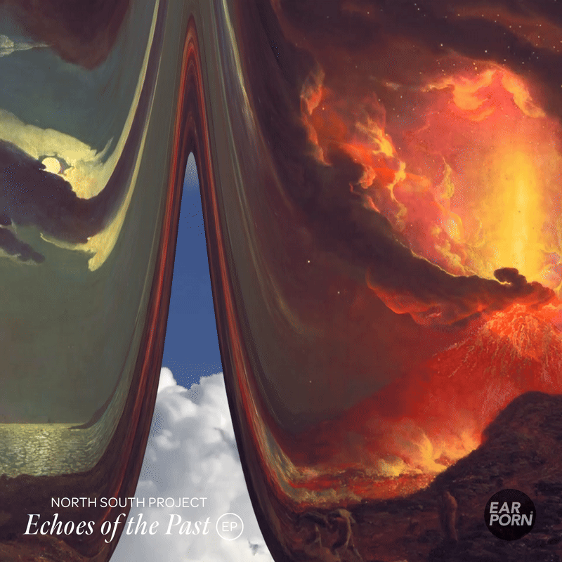 A surreal image showing a split in the sky with contrasting scenes: on the left, a calm, cloudy sky with greenish tones; on the right, a fiery, volcanic eruption with intense orange and red flames and smoke. The split resembles an opened book or a curtain revealing different worlds, symbolizing a transition or contrast between past and catastrophe.