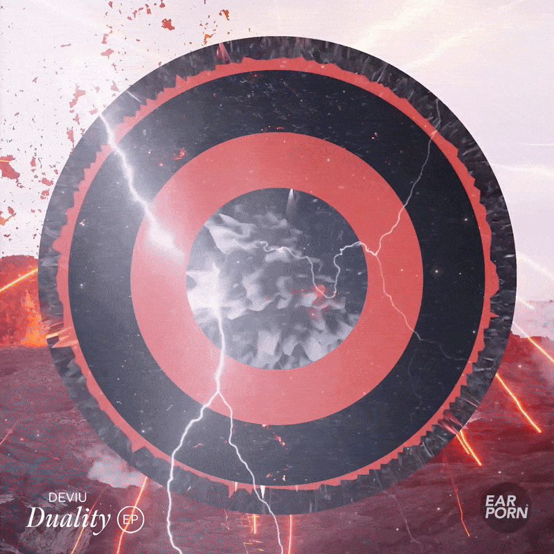 Graphic design featuring concentric circles with lightning and storm imagery, over a stormy landscape background, with the text 'Deviu Duality EP' and 'Earporn'.