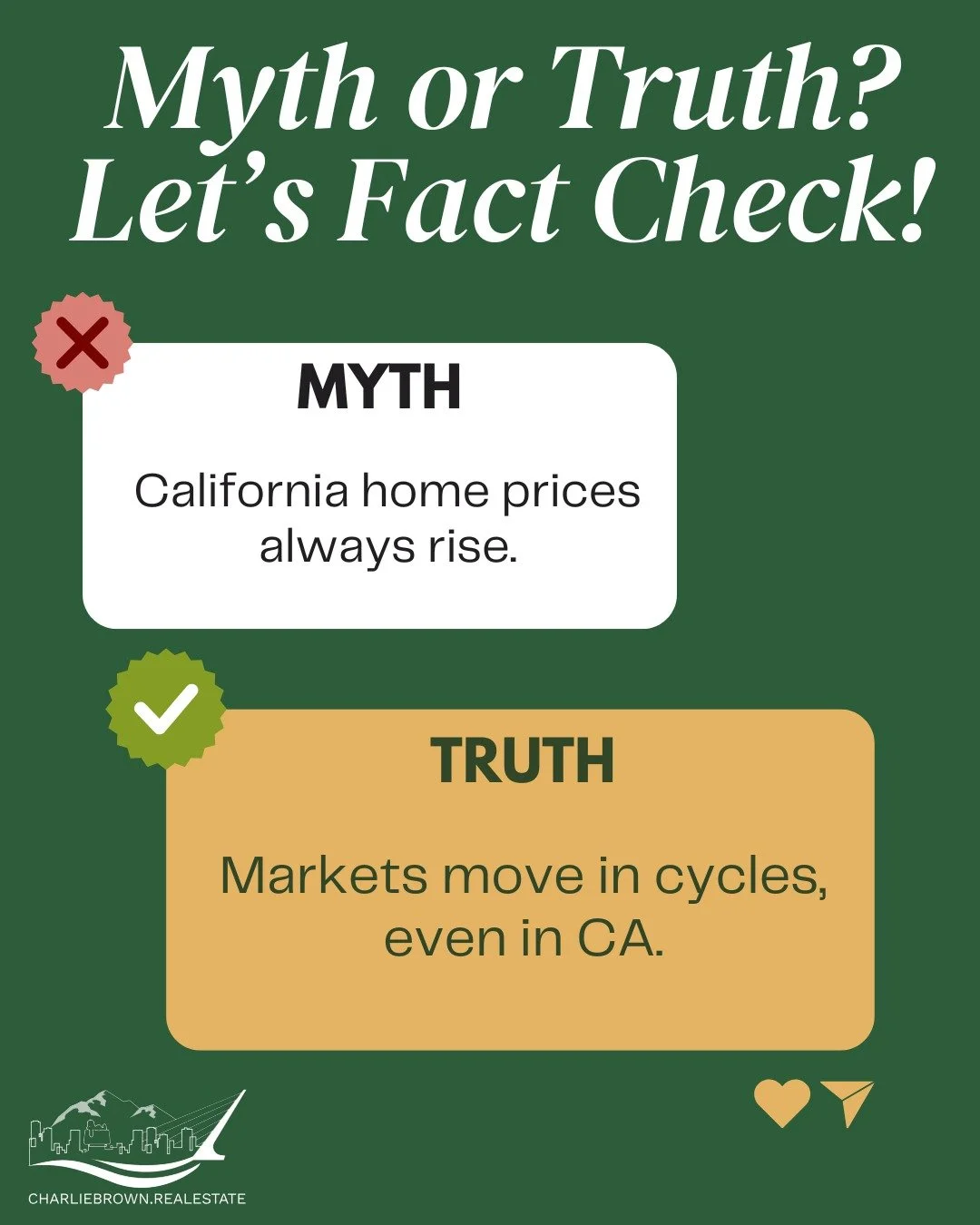 Myth or Truth? Let&rsquo;s fact-check California real estate. 🏡
❌ Myth: California home prices always rise.
✅ Truth: Even in California, real estate markets move in cycles.

Understanding market trends, timing, and local data matters more than hype&