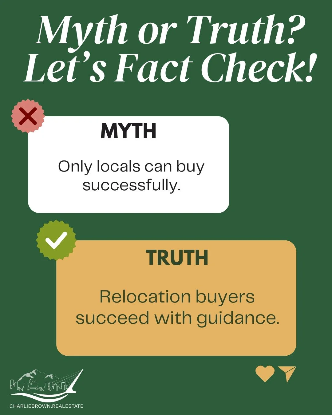 🏡 MYTH OR TRUTH? Let&rsquo;s Fact Check! 👀

❌ MYTH: &ldquo;Only locals can buy successfully.&rdquo;
✅ TRUTH: Relocation buyers win in today&rsquo;s market every day &mdash; with the right strategy, guidance, and local expertise.

Whether you&rsquo;