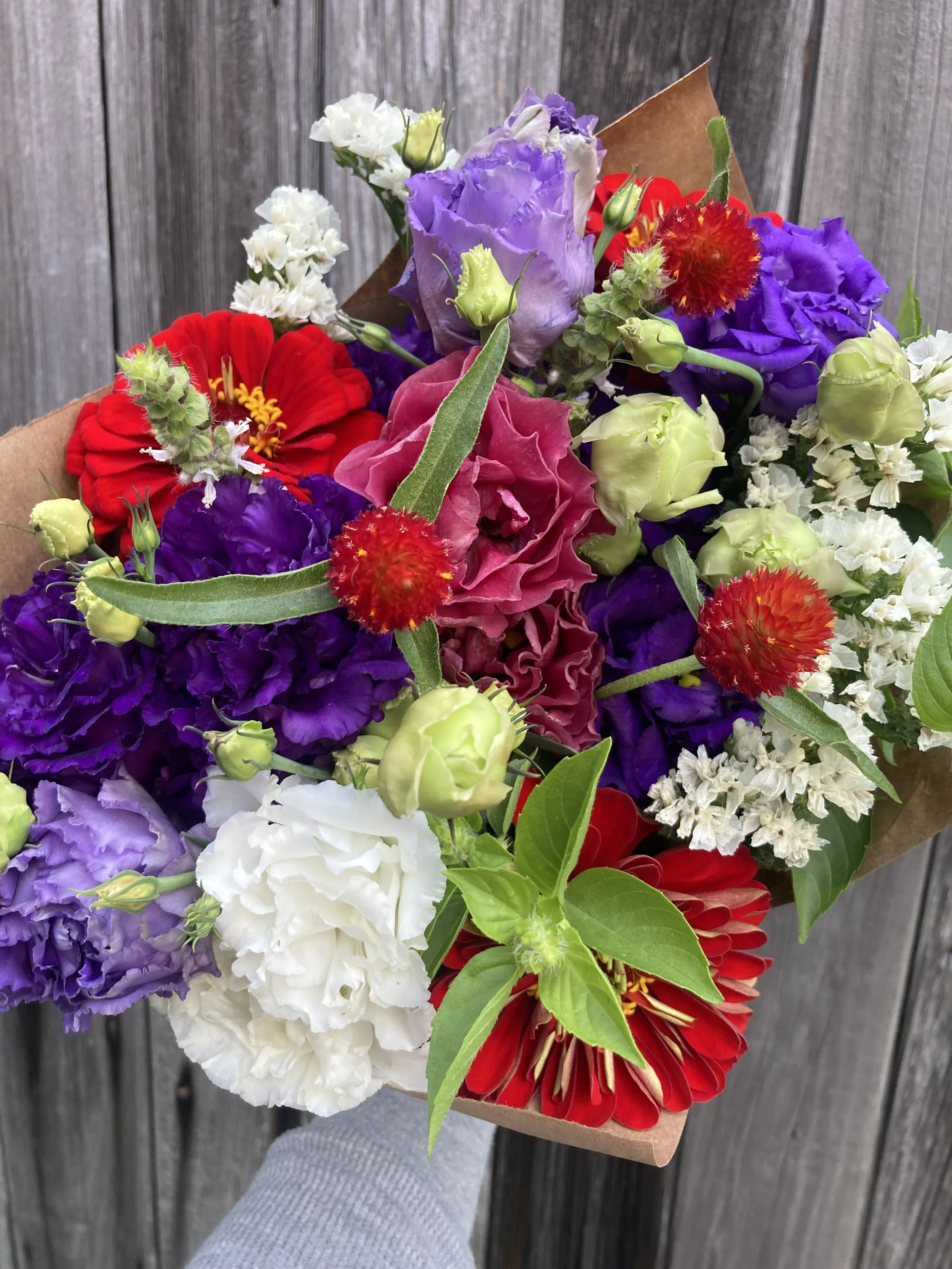 red, white &amp; blue lisianthus bouquet