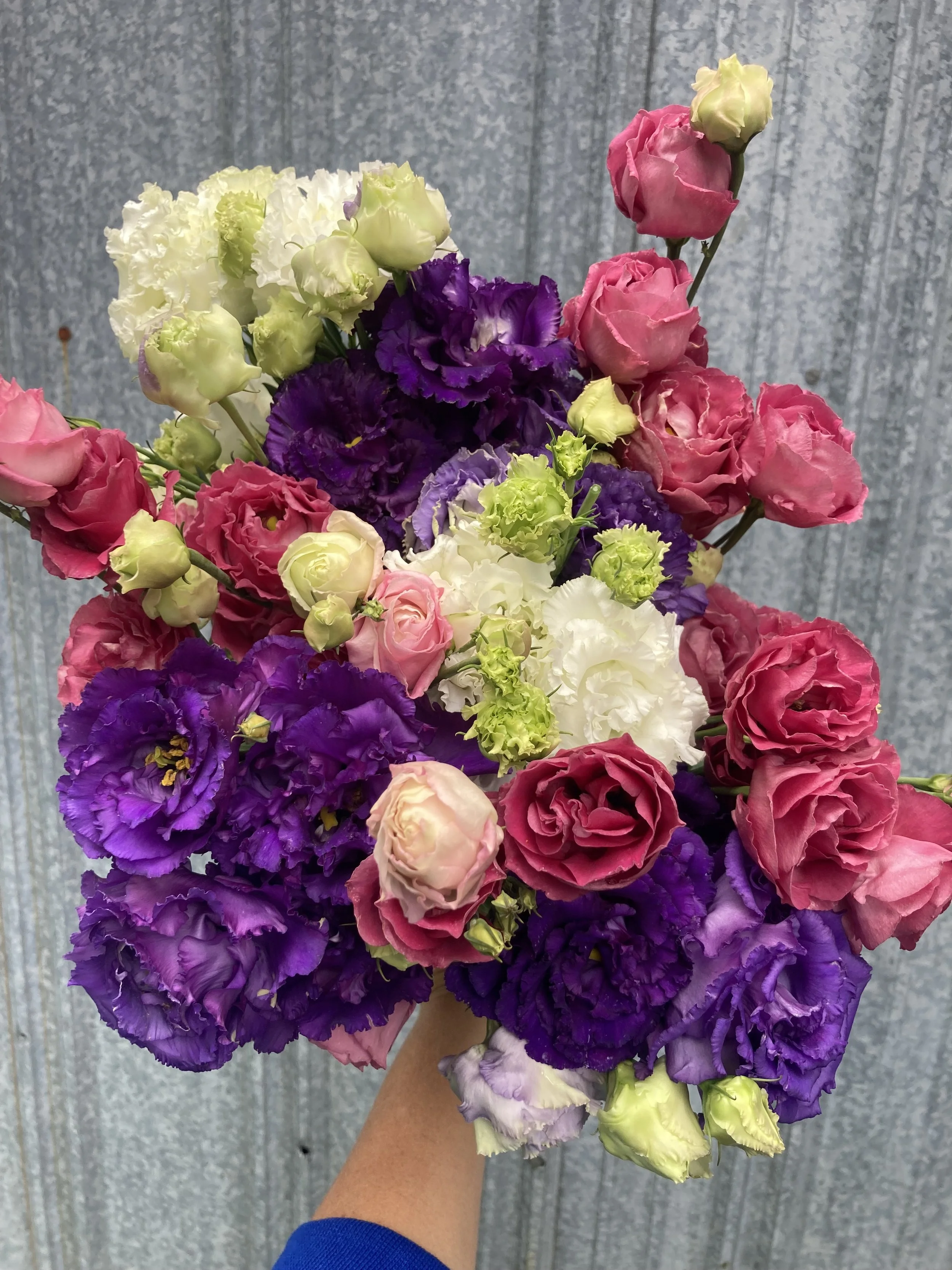 red, white &amp; blue lisianthus bouquet