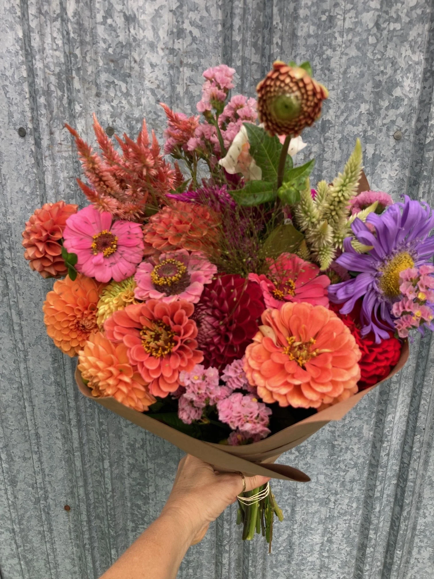 wrapped bouquet at the flower stand