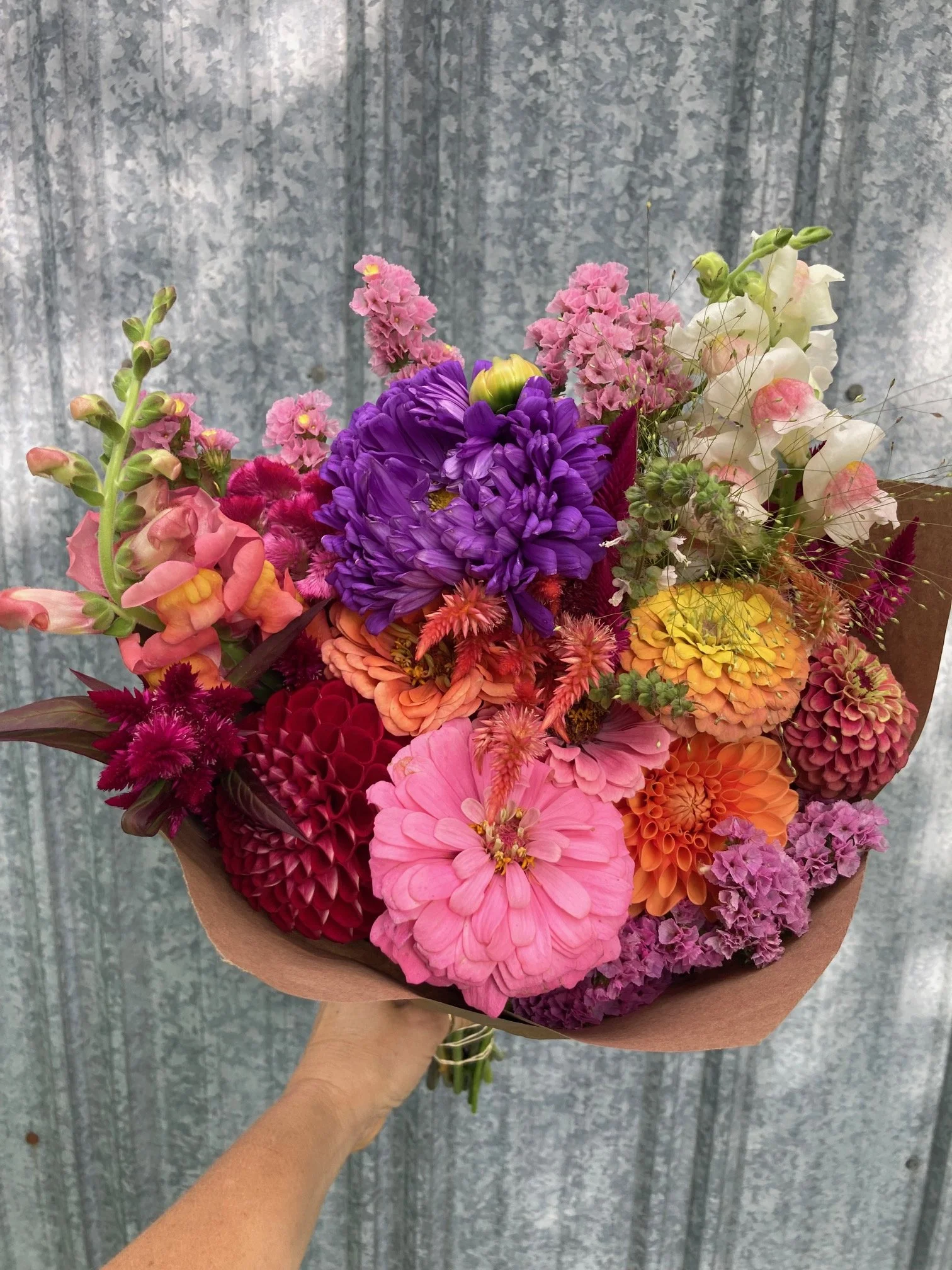 wrapped bouquet at the flower stand