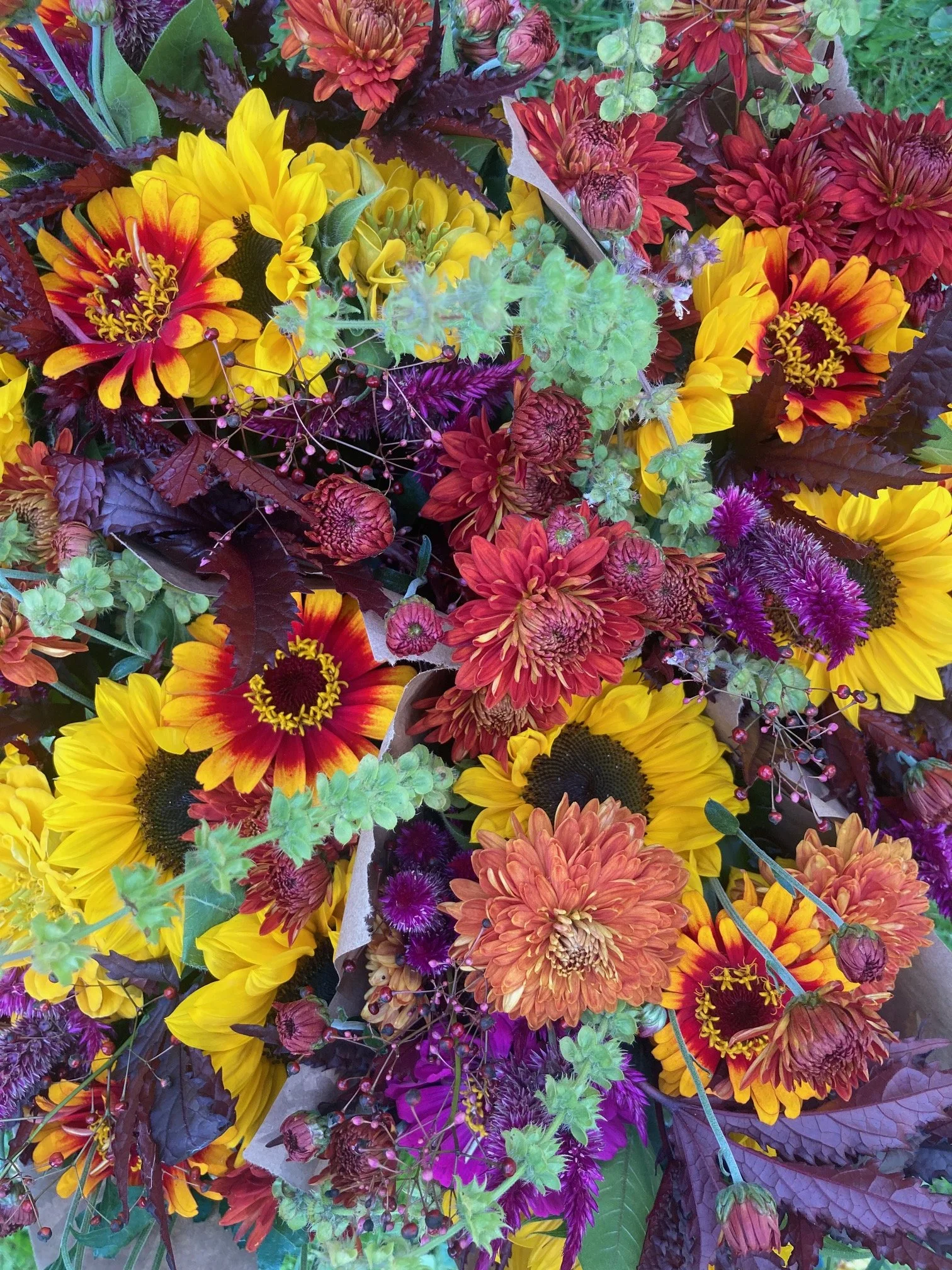 Mum, Sunflower &amp; Zinnia Bouquets at OTR (On The Rocks Bar &amp; Grill)