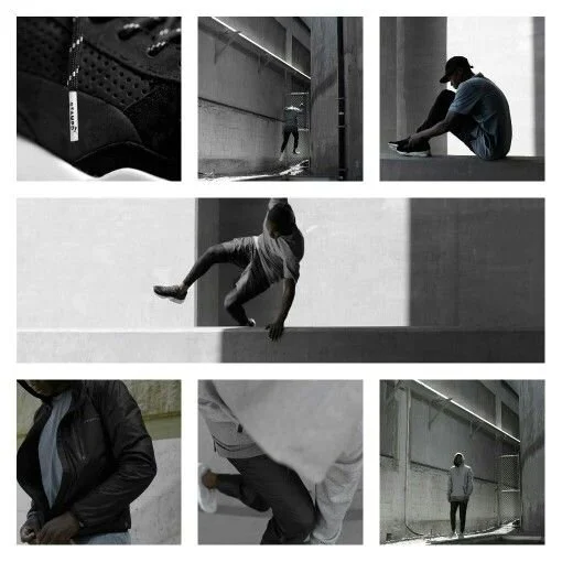 Collage of black and white photos of people in urban environments. Top row: close-up of a shoe, person walking through a concrete underpass, person sitting with legs extended. Middle row: person jumping or balancing on a ledge, person’s legs and hands climbing, person standing against a wall. Bottom row: person in a leather jacket, a close-up of someone’s waist and arm, person standing in front of a tall industrial wall.