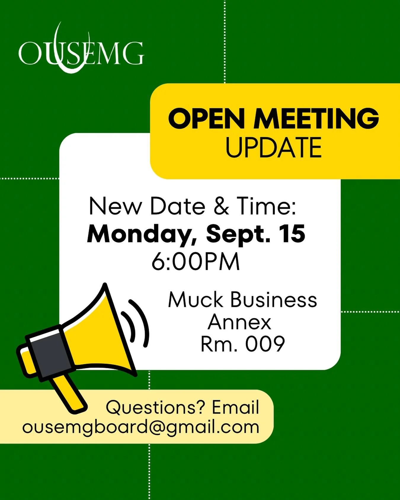 Interested in coming to one of our weekly meetings? Watching a live pitch? Get a glimpse of what it&rsquo;s like to be a member of SEMG by coming to our Open Meeting!

New date and time: Monday, Sept. 15 at 6:00PM

We hope to see you there!