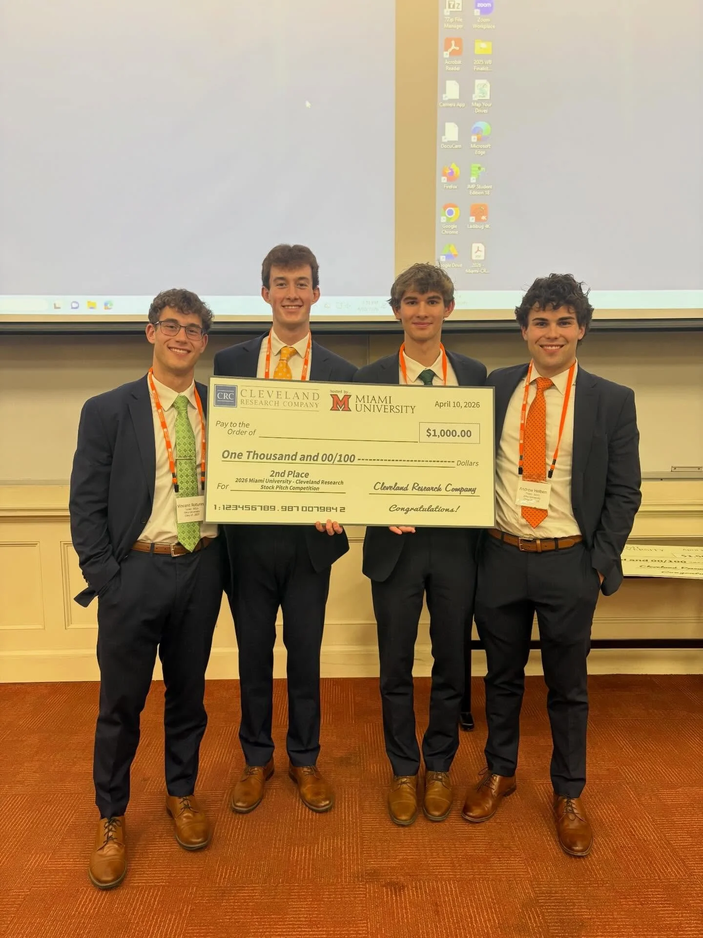 On Friday, four of our members represented OUSEMG at the Cleveland Research Company Stock Pitch Competition at Miami University, earning second place out of roughly 200 submissions. Vincent Rotunno, Braden Hunker, Nathan Highland, and Andrew Holben p