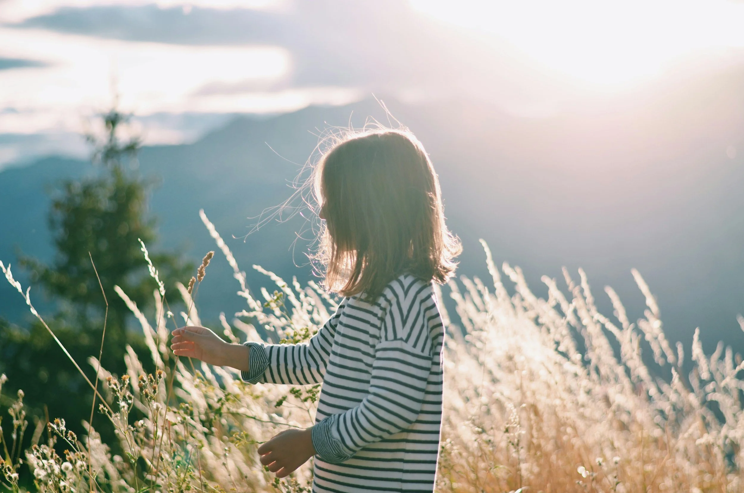 A young girl with shoulder-length hair wearing a striped long-sleeve shirt standing in a field of tall grasses and wildflowers at sunset.