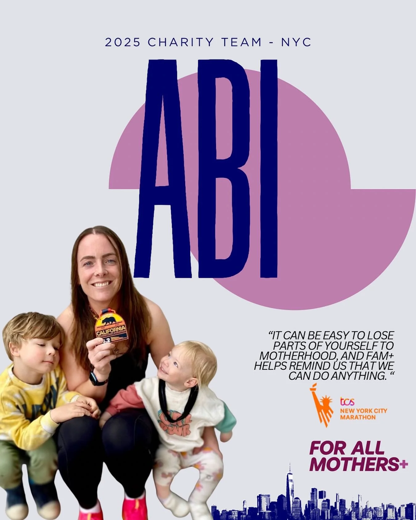 Meet Abi — part of our FAM+ Charity Team for the 2025 NYC Marathon! 🗽
Running NYC is a bucket list dream for Abi — she can’t wait for the energy, the crowds, and to take on the boroughs with the FAM+ crew. 
As a mom of two, she k
