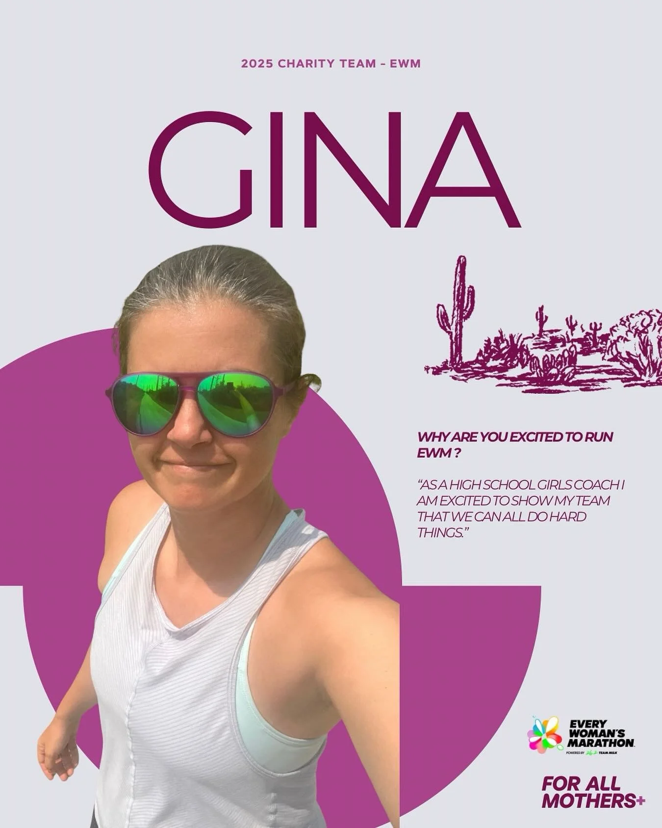 Meet Gina 💫 — mom of three, high school girls’ coach, and proud member of the Every Woman’s Marathon charity team!
She’s excited for the girl power and the energy of women supporting women. As a coach, she can’t wait t