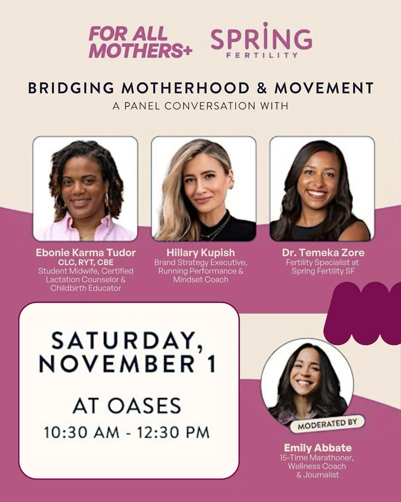 ✨ Join us for Spring Fertility x For All Mothers+ — a one-of-a-kind panel + wellness experience at OASES | Saturday, November 1, 2025.
Fill your soul with a morning of inspiration, wellness, and community as we celebrate womanhood, motherhood,