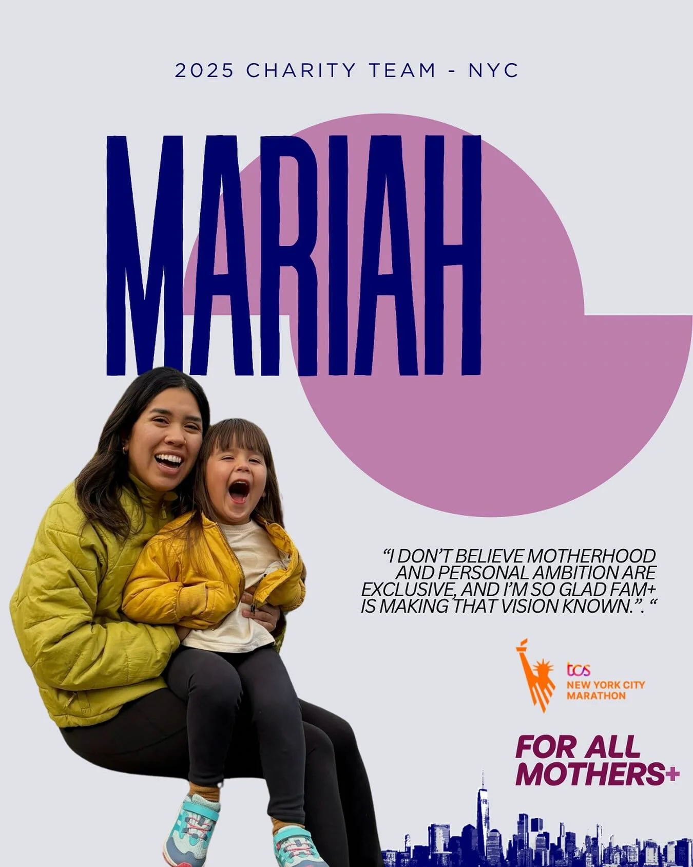 Meet Mariah — a first-time marathoner taking on the TCS NYC Marathon with the For All Mothers+ Charity Team! 🗽✨
This will be both her first marathon and her first time in New York City, and she’s excited to experience it in such a speci