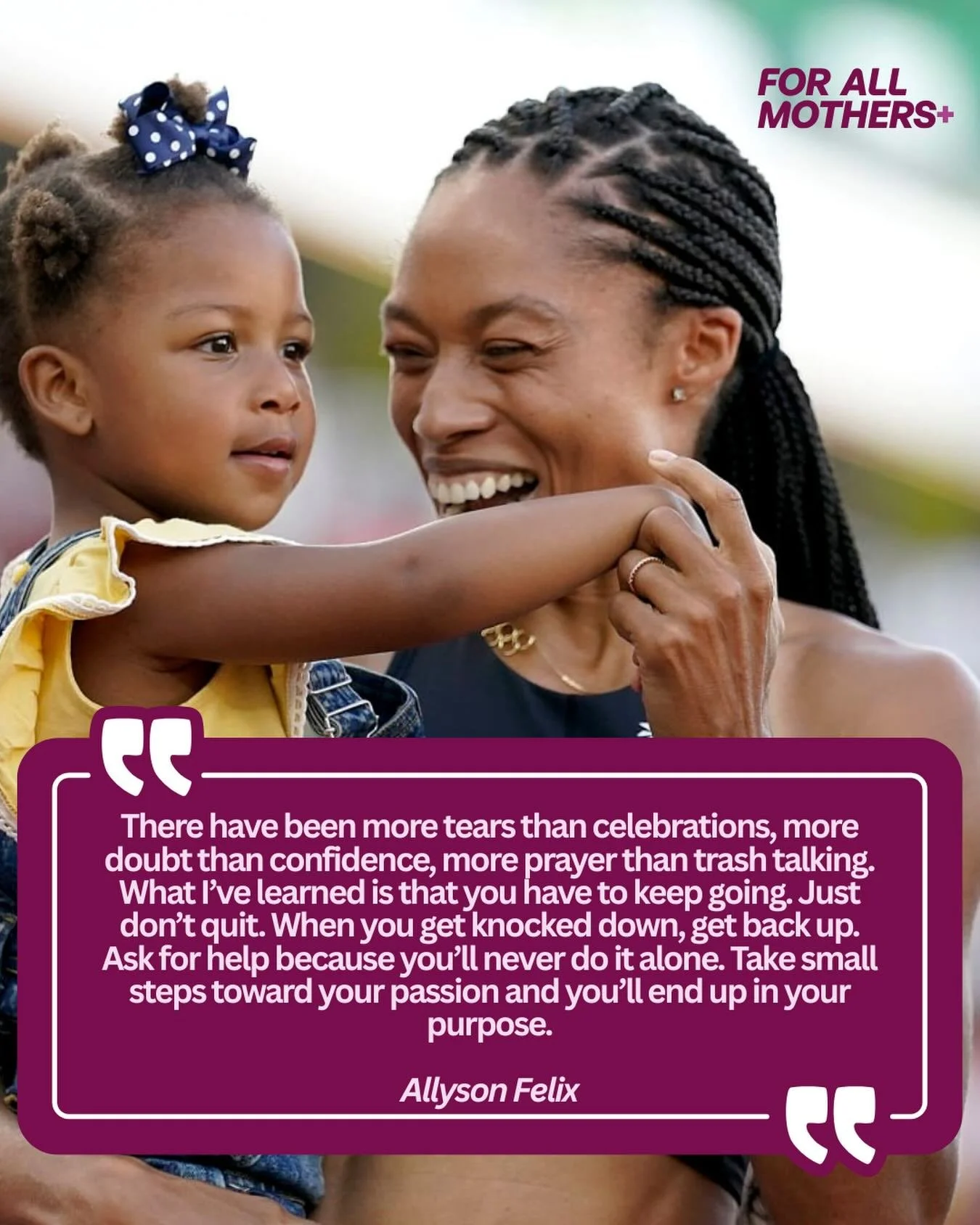 At For All Mothers+ we are holding space for the real, unfiltered experiences of motherhood &mdash; the strength, the doubt, and the resilience it takes to keep going, even when it&rsquo;s hard 💛

Grateful to Allyson Felix for sharing words that res