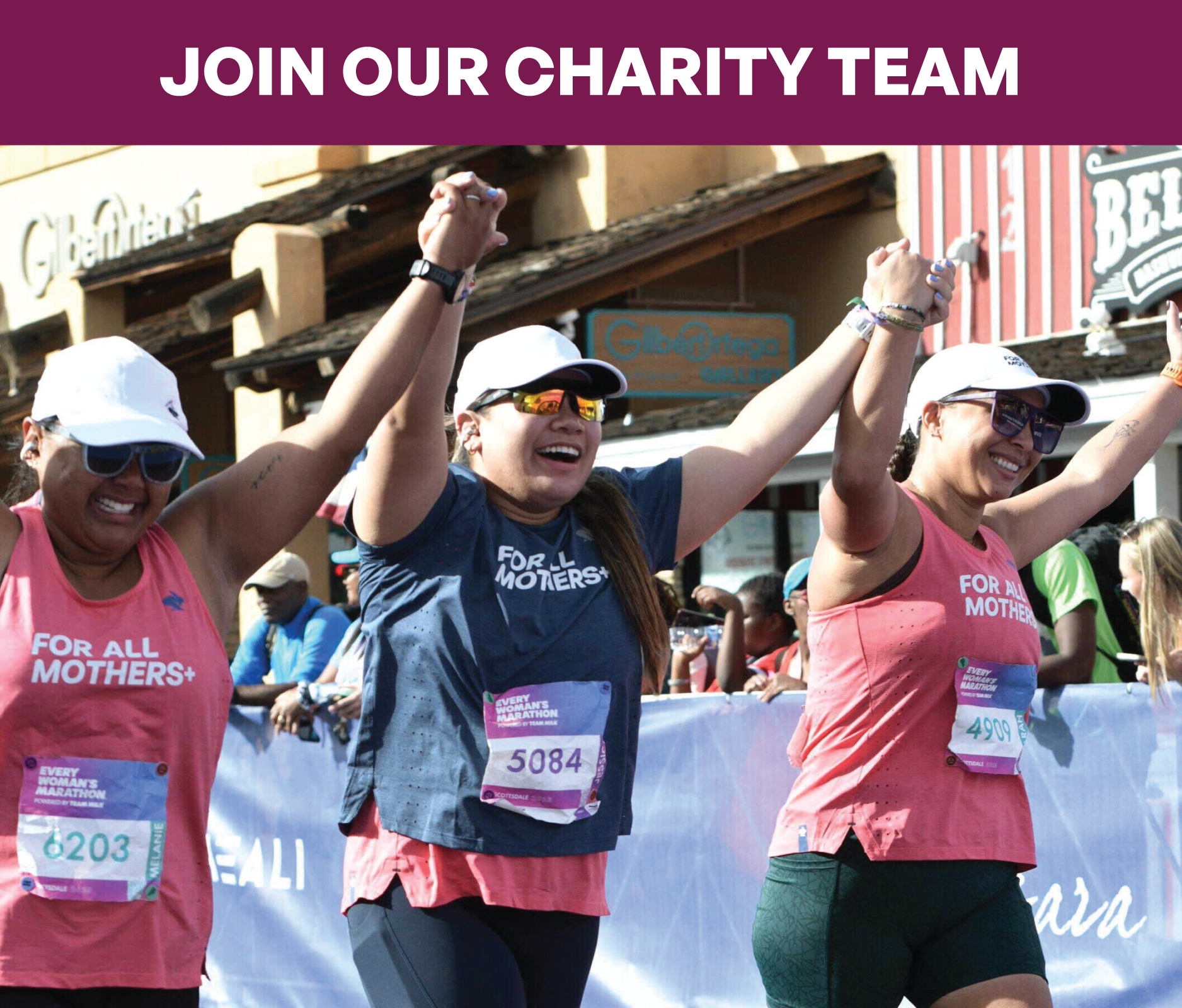 Three women from the2025 Every Womans Marathon FAM+ Charity team joyfully cross the finish line together