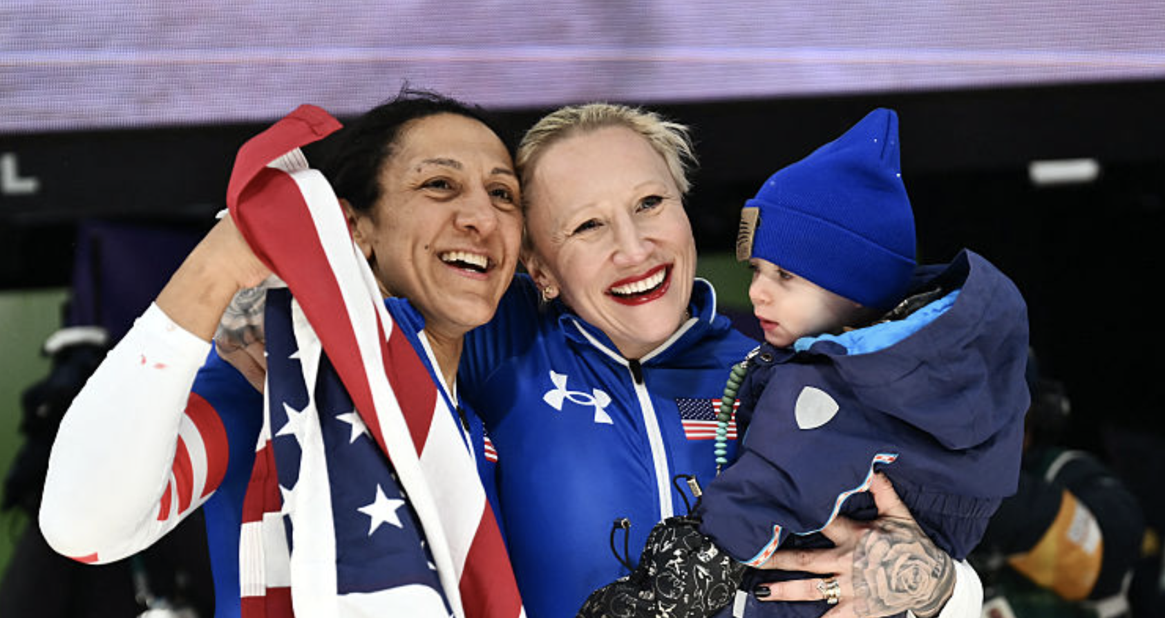 Elana Meyers-Taylor and Kaillie Humphries hug after their Winter Olympic competition