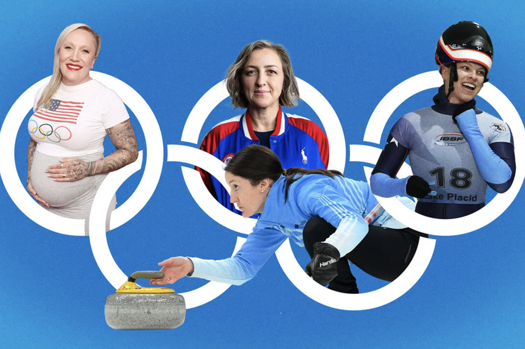 a collage of Olympic mother athletes and the olympic rings