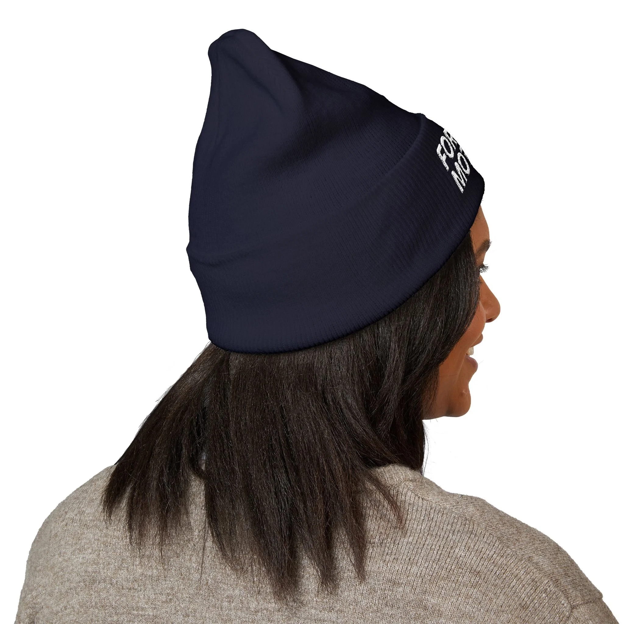 Back, Navy For All Mothers+ beanie worn by adult woman