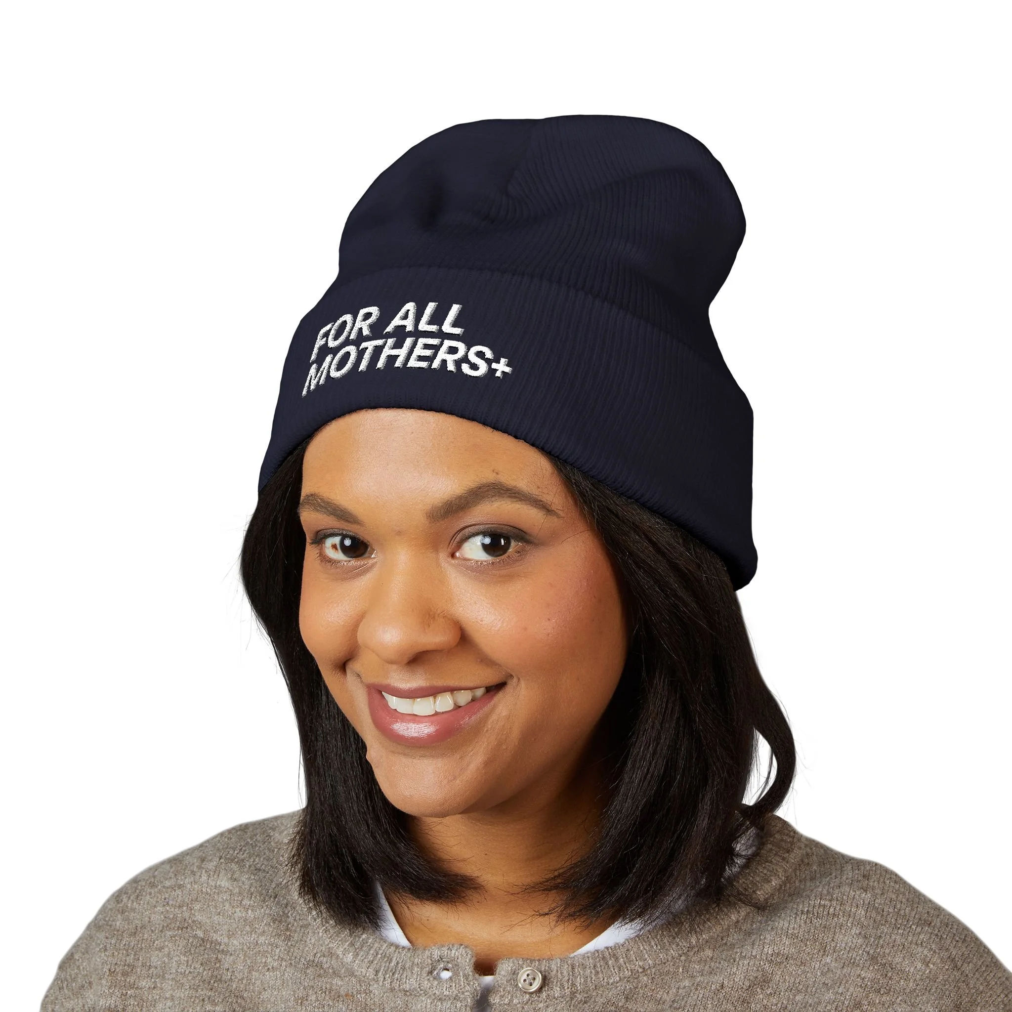 Front, Navy For All Mothers+ beanie worn by adult woman