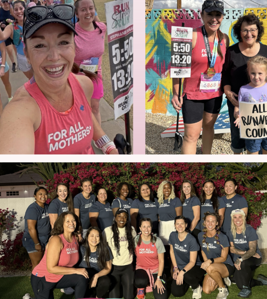 Steph Dunlap and the For All Mothers+ Every Woman's Marathon charity team pose throughout race weekend