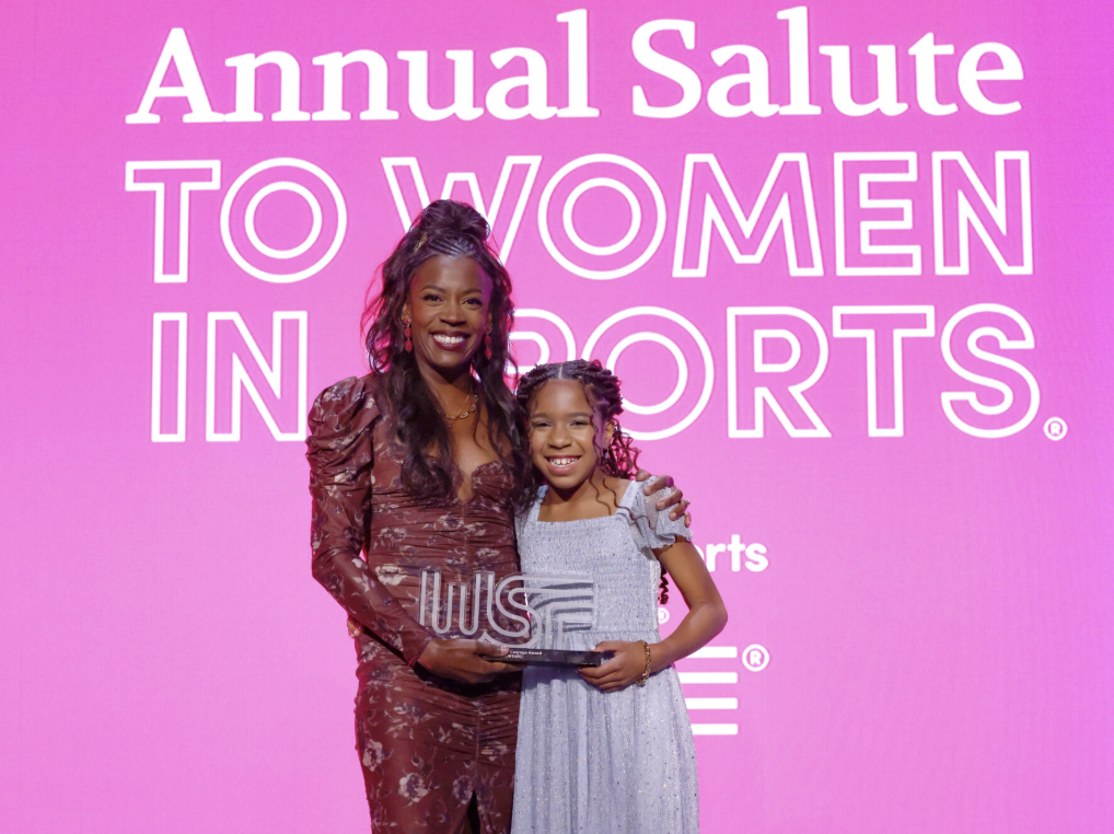 Alysia Montaño and her daughter Linnea stand together at the 2025 Women's Sports Foundation Annual Salute