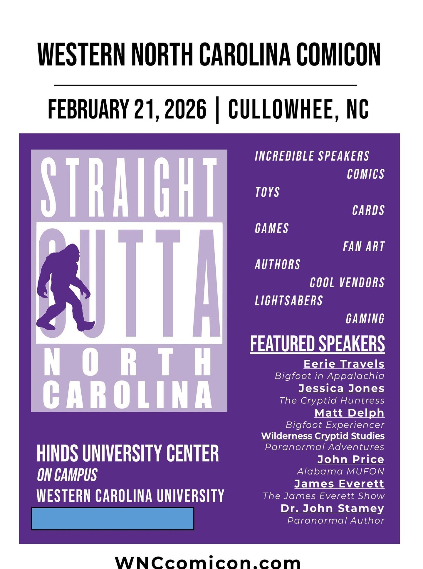 Hello everyone Jacob from CMM here. I just wanted to let you know that we are lined up to participate in the WNC Comicon on February 21st at the Hinds University Center at Western Carolina University from 9:30AM to 6PM.

There will also be other vend