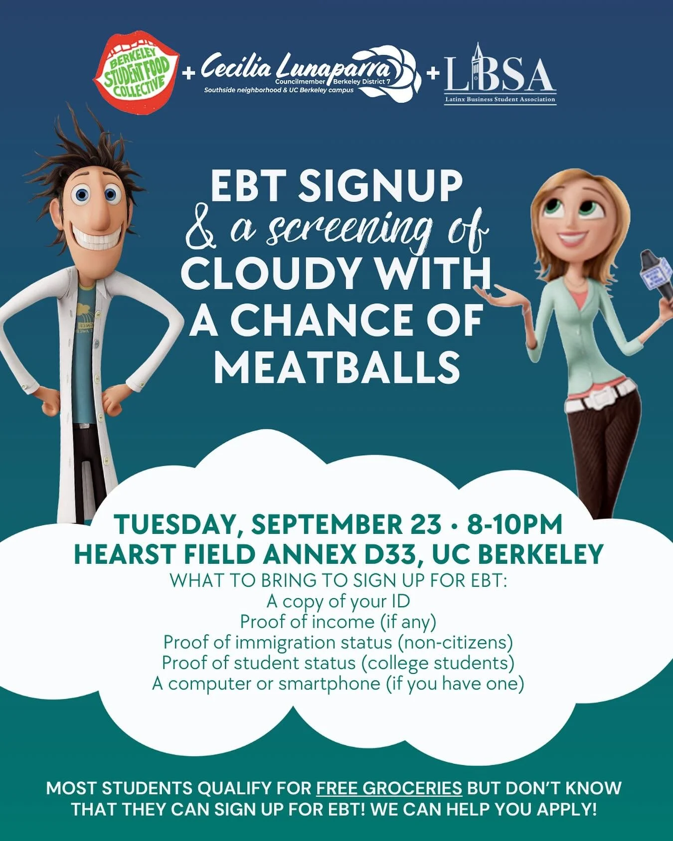 Do you want free groceries? Many students qualify for EBT, but don’t know that they should apply. Join us at UC Berkeley’s Hearst Field Annex D33 to watch a movie, enjoy some free snacks and community, and receive help figuring out if you