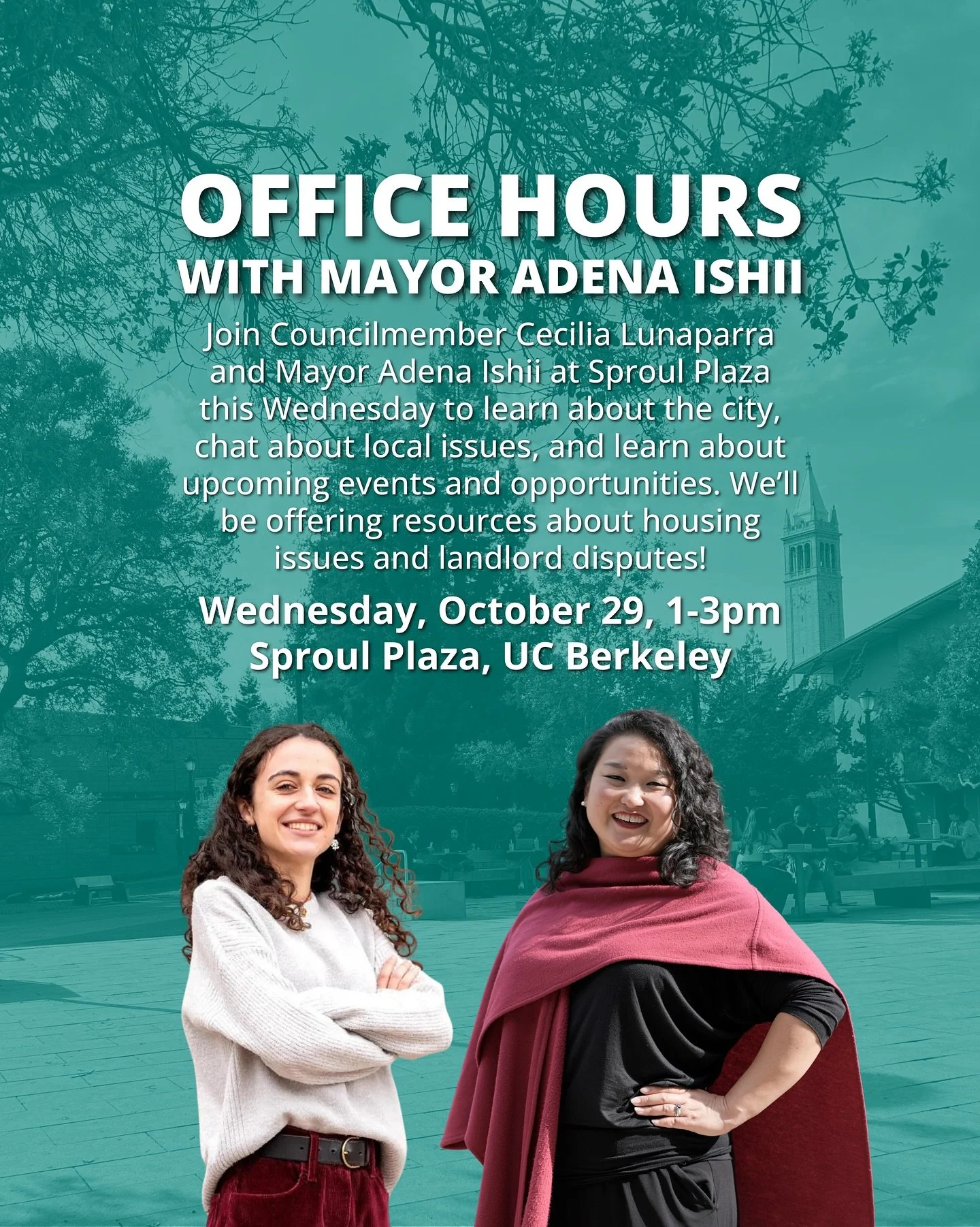 Join Councilmember Lunaparra and @mayoradenaishii on Sproul Plaza this Wednesday from 1-3pm! Our offices will have resources on housing issues &amp; resolving landlord disputes. See you there!