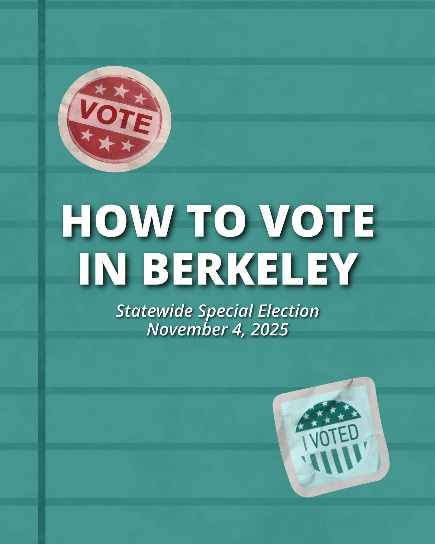 It&rsquo;s time to vote! Drop your ballot off at one of Berkeley&rsquo;s drop boxes or vote in-person by 8pm on November 4th. Do NOT mail in your ballot tomorrow - it may not be counted! There are plenty of nearby ballot boxes that will ensure that y