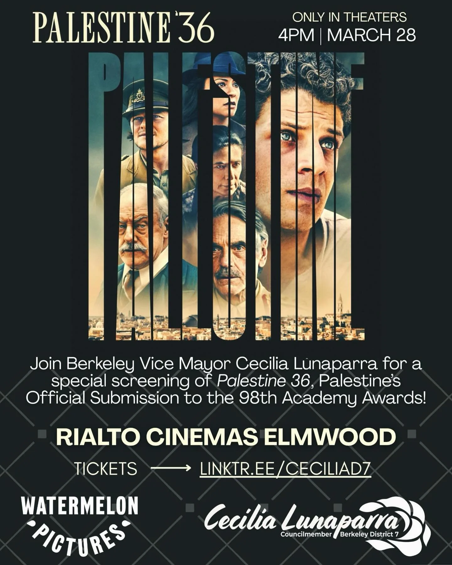 🎬🇵🇸🍿 Join us at 4pm on Saturday, March 28 for a very special screening of Palestine 36, Palestine&rsquo;s Official Submission to the 98th Academy Awards! 🔗 in bio for tickets.