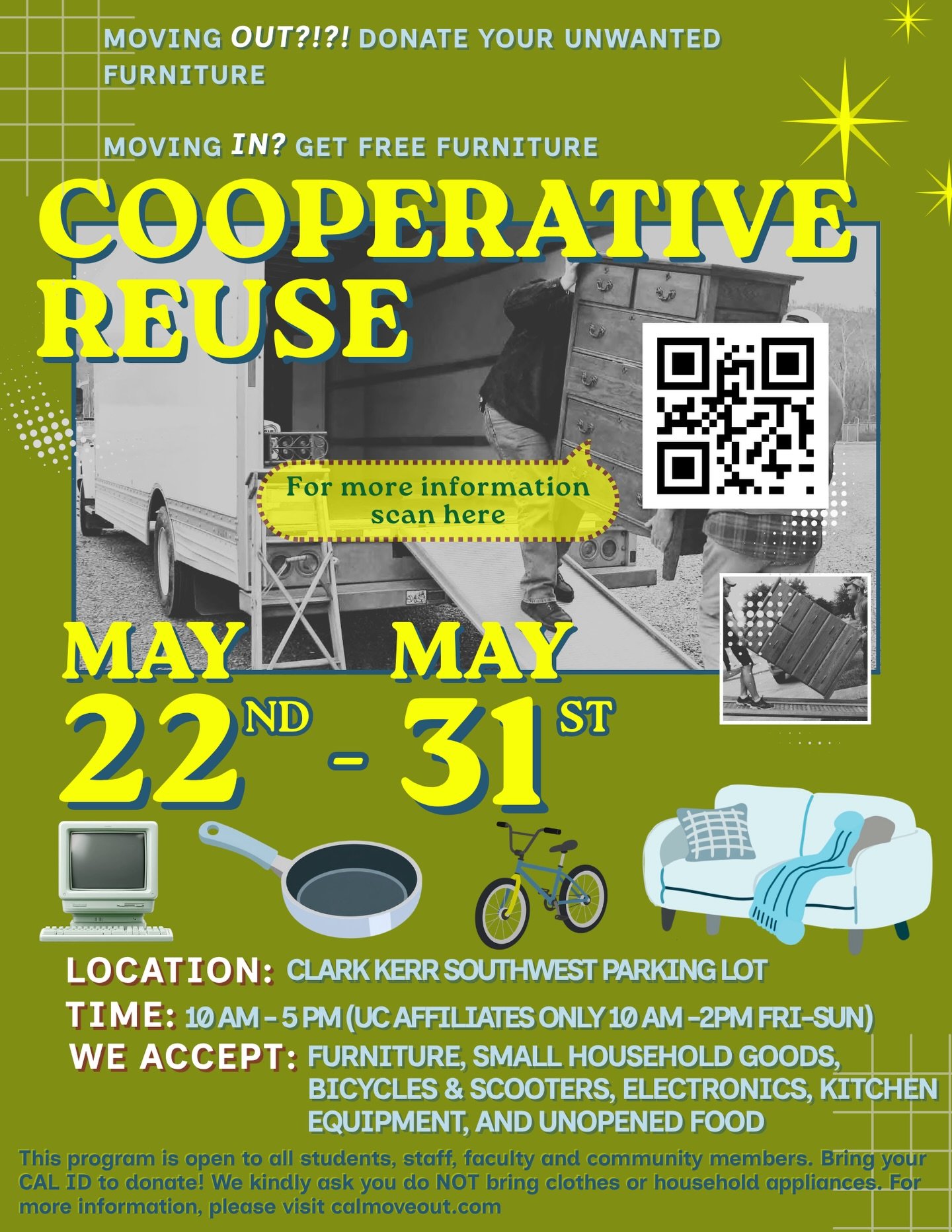 Cooperative Reuse begins next Friday, May 22! Drop off or pick up pre-loved furniture, bikes, electronics, and unopened food at the Clark Kerr Southwest Parking Lot. Visit calmoveout.com to learn more! ♻️🤍