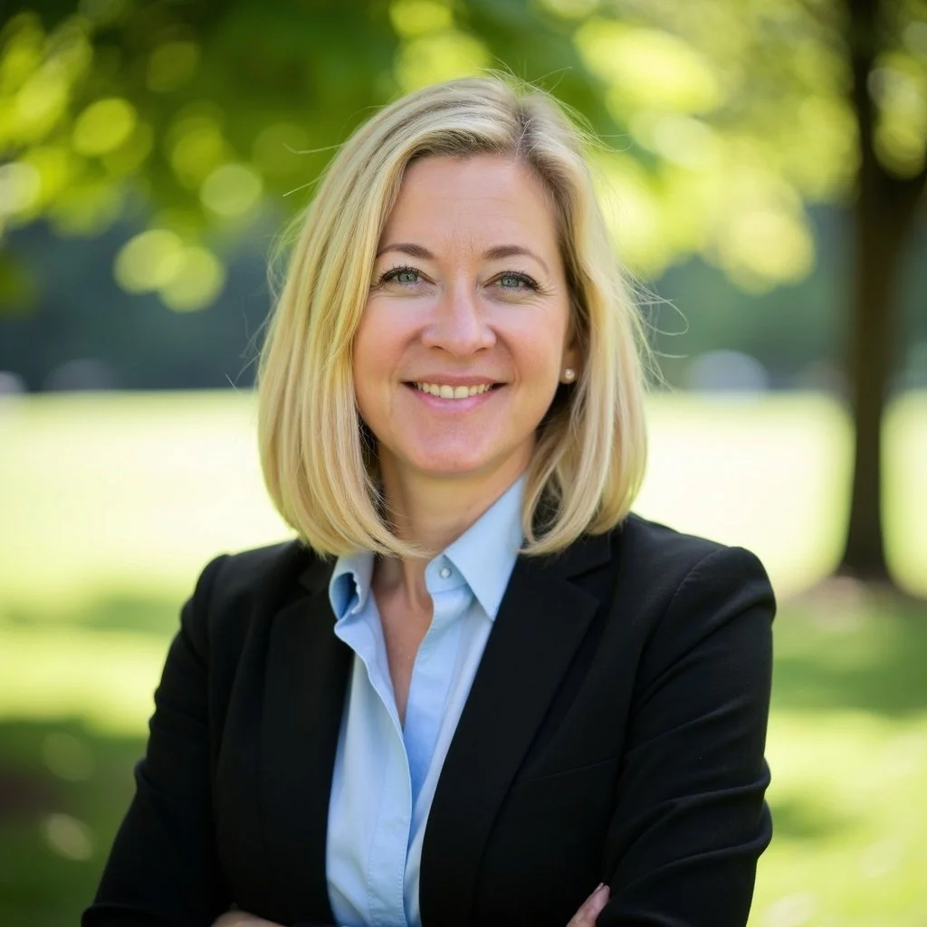 A woman with shoulder-length blonde hair in professional attire, smiling outdoors with blurred green trees and sunlight in the background.